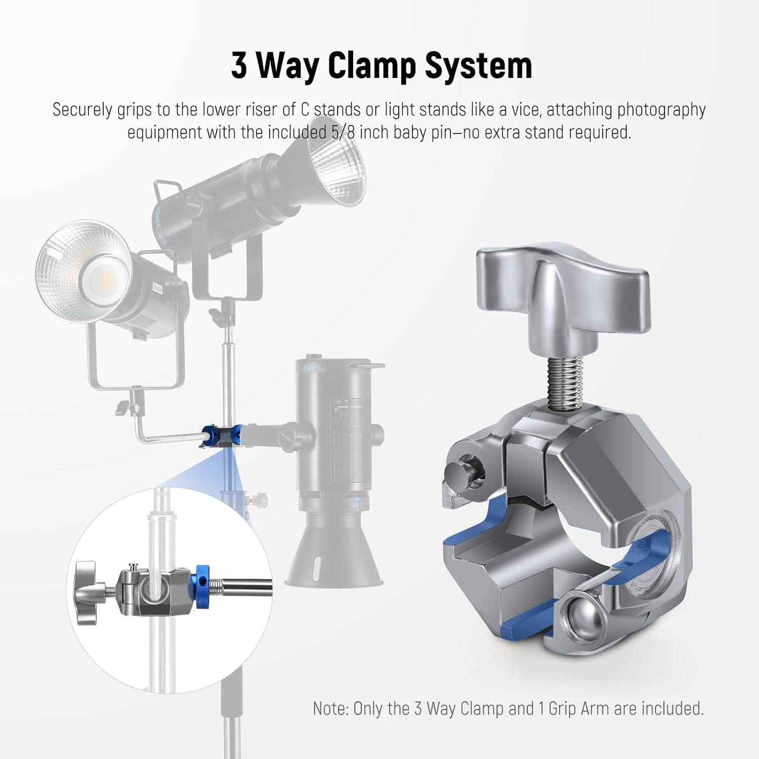 NEEWER 3 Way Clamp with 4.1In/105Mm 5/8" Baby Pin Stud for 1"-1.4"/25-35Mm Tube C Stand Boom Arm Grip Arm Photography Light Stand, Stainless Steel for LED Video Light Flash, Max Load 22Lb/10Kg, UA045 image number 4