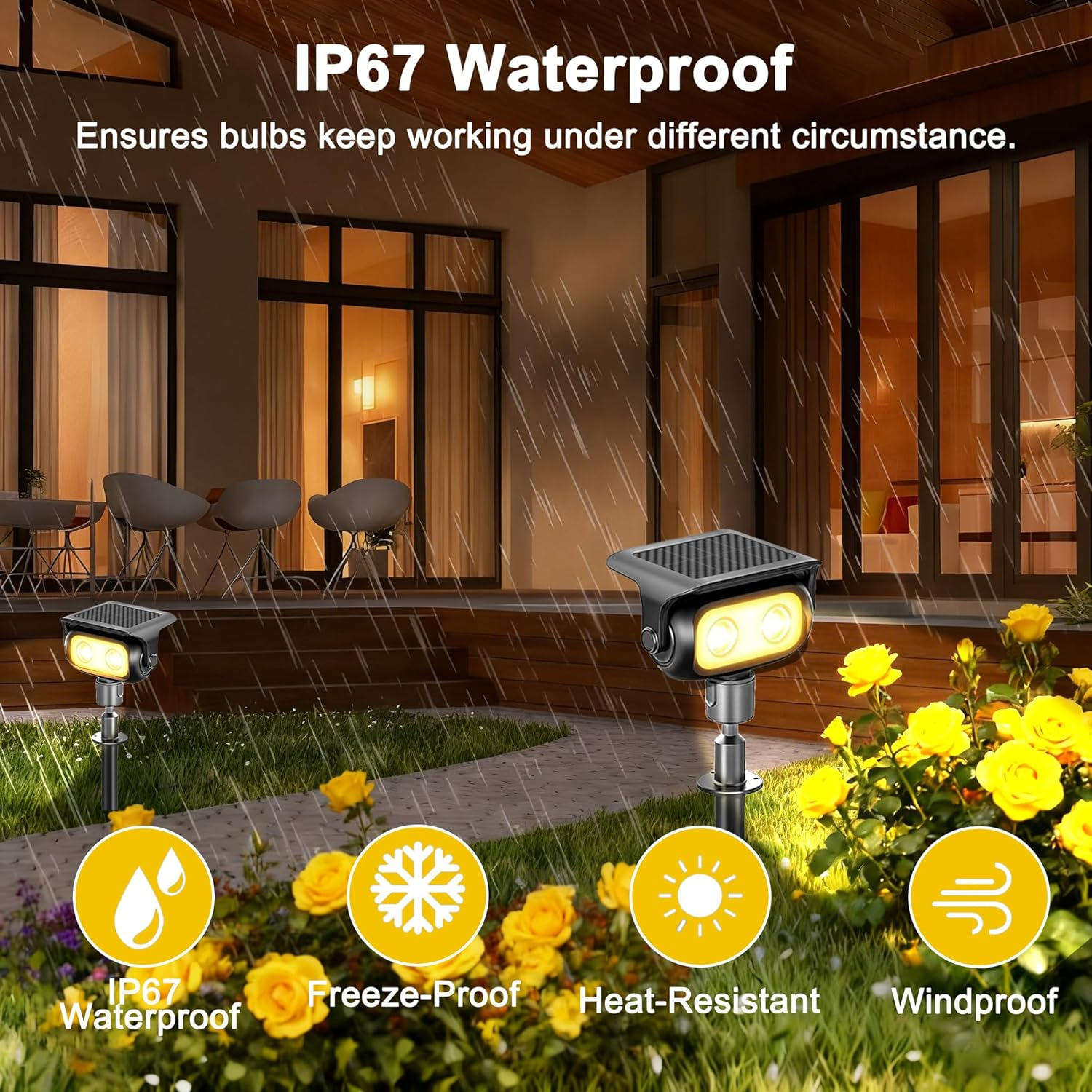 Solar Spot Lights Waterproof Outdoor, 3000K Warm White Outdoor Garden Lights, outside Wall Lights, 2 Lighting Modes Landscape Light Solar Powered for Garden, Patio, Yard, Lawn, Backyard (4 Pack) image number 2