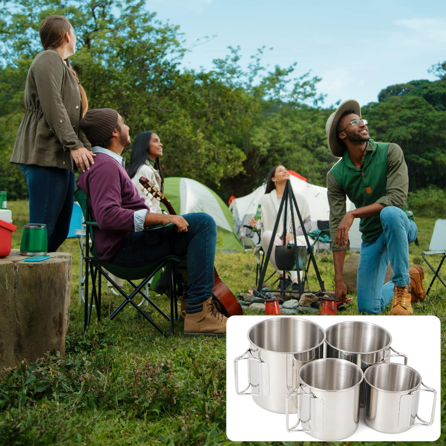 Pobowlgarls 4-Piece Outdoor Camping Mug Set, 304 Stainless Steel Mug Set with Foldable Handles for Camping, Hiking, Backpacking, Picnic