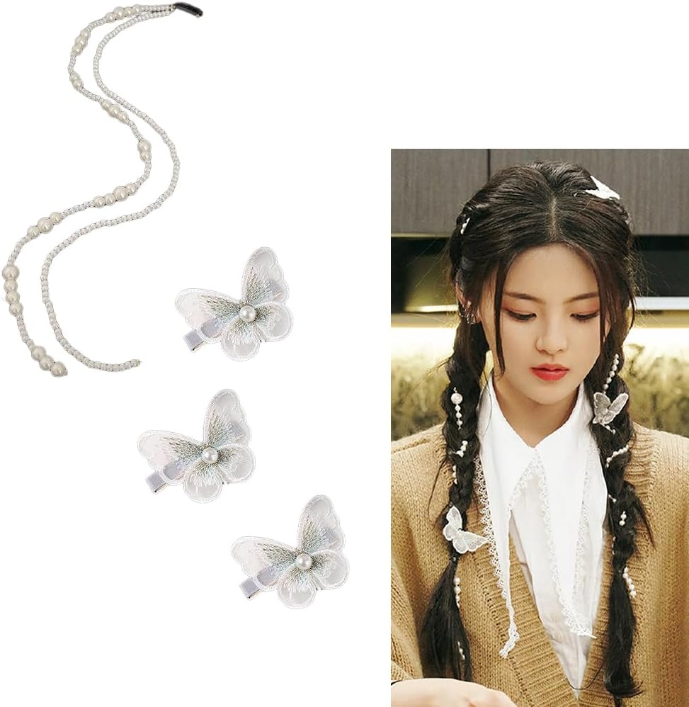 Pearl Tassel Hair Braid Chains Butterfly Hair Clips for Women Girls Hair Pearls for Braids Ponytail Pearls Hair Chain Butterflies Hair Barrettes White Pearl Hair Accessories image number 2