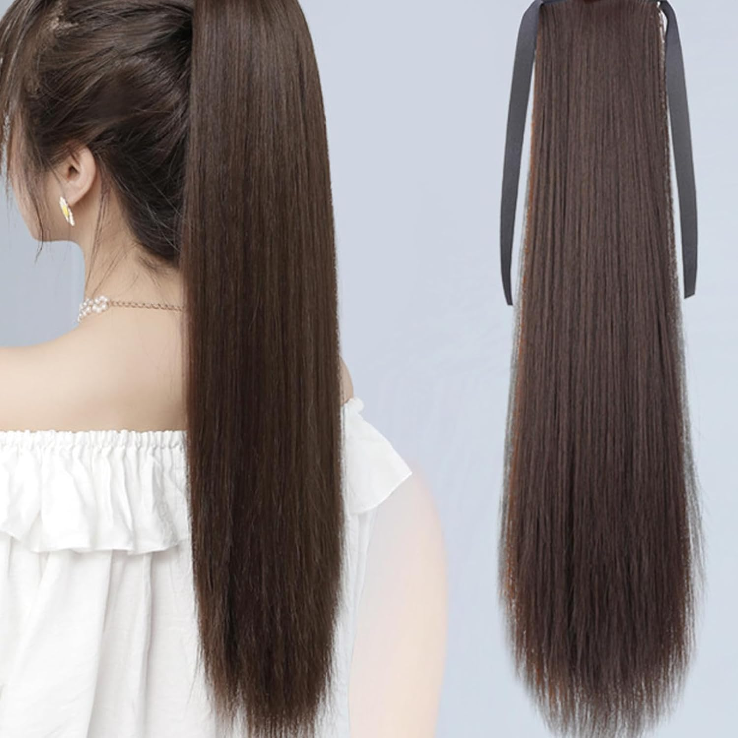 20 Inches Strap Ponytail Wig,Long Straight Fake Pony Tail Natural Fake Ponytails Piece (Dark Brown) image number 3