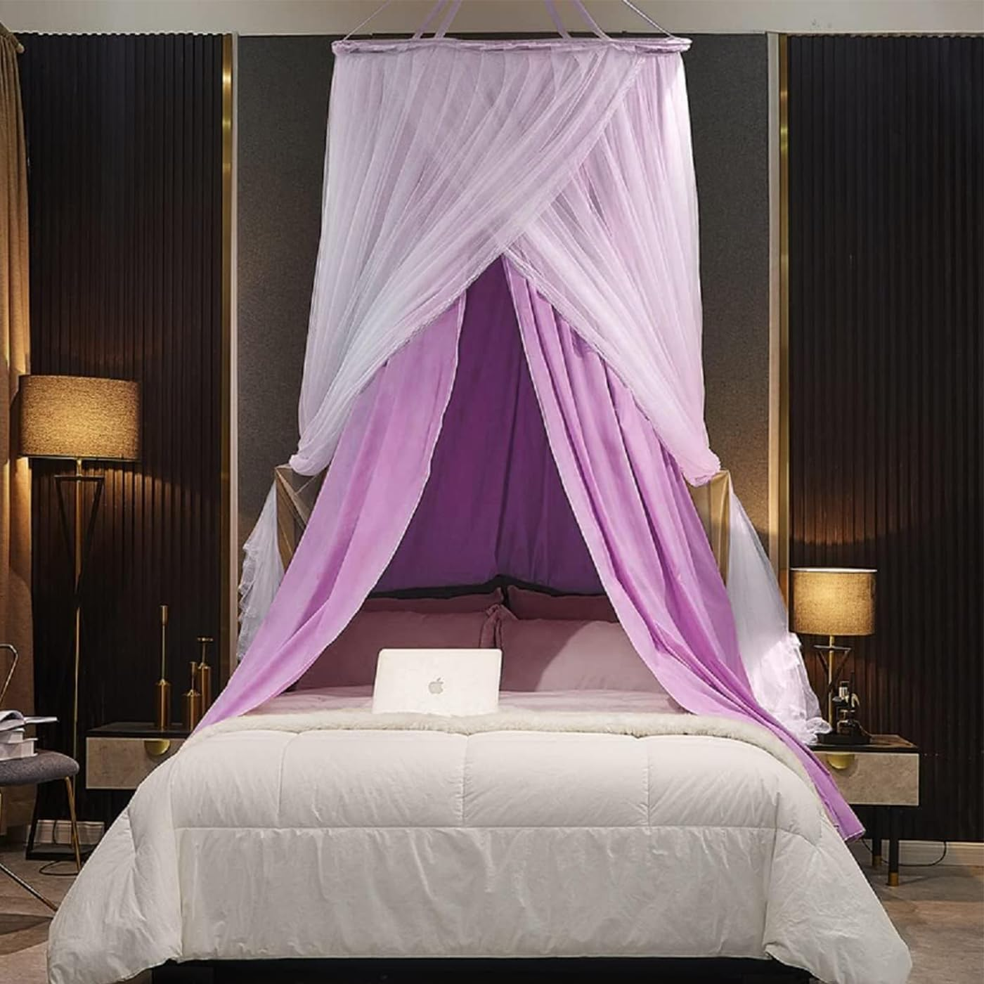 Double Layer Bed Canopy, Elegant Princess round Dome Canopies Netting Large Mesh Bed Curtain Drapes for Kids Adults Children Dreamy Lace Mosquito Nets Bedroom Decoration Castle Play Tent Reading Nook image number 2