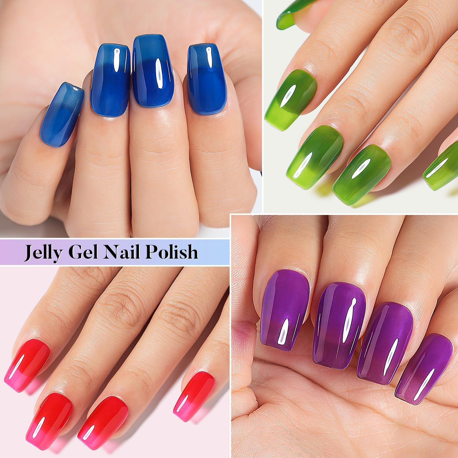 Nicedeco Cruelty-Free Vegan Jelly Neon Gel Nail Polish Set,Green Yellow Red Purple Blue Pink Jelly Nail Polish Soak off UV LED for Salon and Nail Art DIY Nail Gel Polish Set 6 Colors-45 - Nset6-46 image number 2