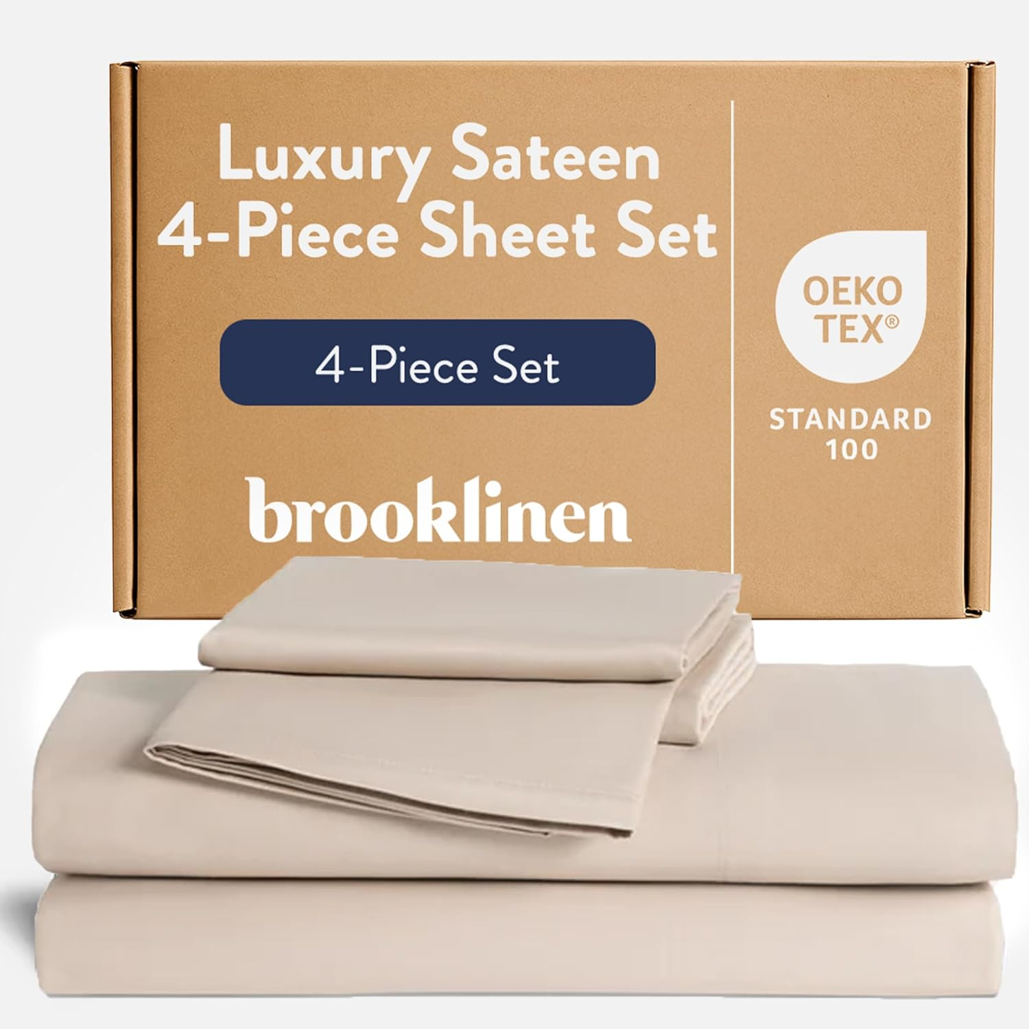 Brooklinen Luxury Sateen 4 Piece Sheet Set - 100% Cotton Bed Sheets, Soft & Durable California King Size Sheets Set in White, Oeko-Tex Certified Bedding Set,1 Fitted Sheet,1 Flat Sheet,2 Pillowcases