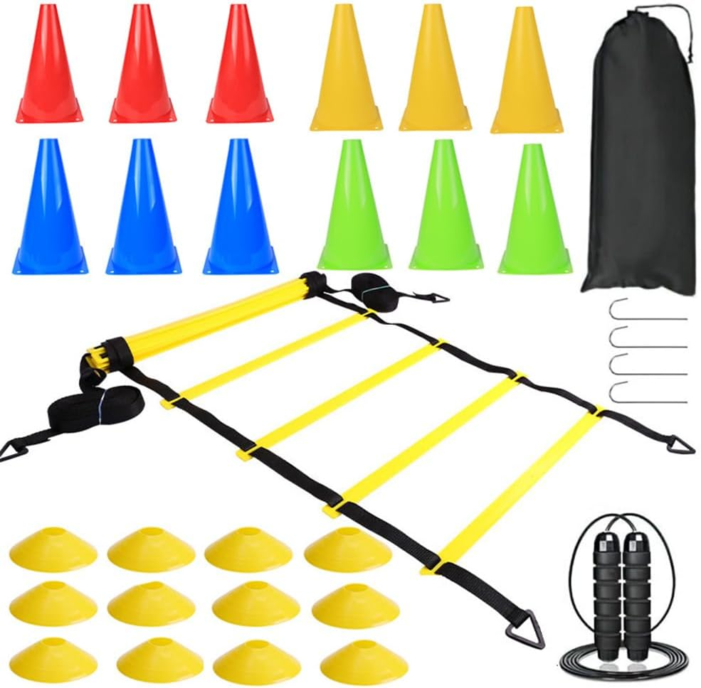 TOMVAES Agility Training Equipment Set - Includes 12 Cones,4 Hooks,12 Ground Obstacles,Agility Ladder,Jump Rope,Carry Bag,Football Kick Trainer for Soccer Basketball Boxing Softball Footwork Sports