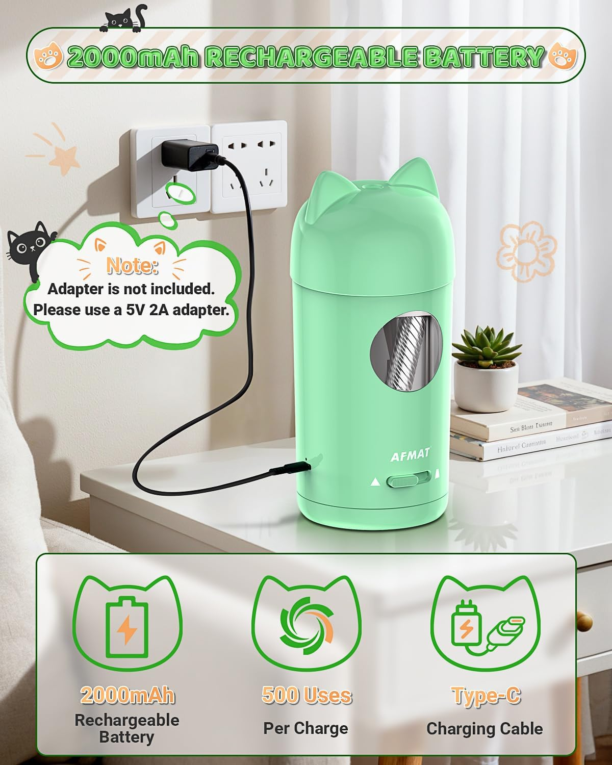 AFMAT Fully Automatic Electric Pencil Sharpener with Cat Ears, Electric Pencil Sharpener with Container for 7-8 Mm Pens (Thick & Thin) - USB Sharpener Children, Gift for School/Office, Green image number 6
