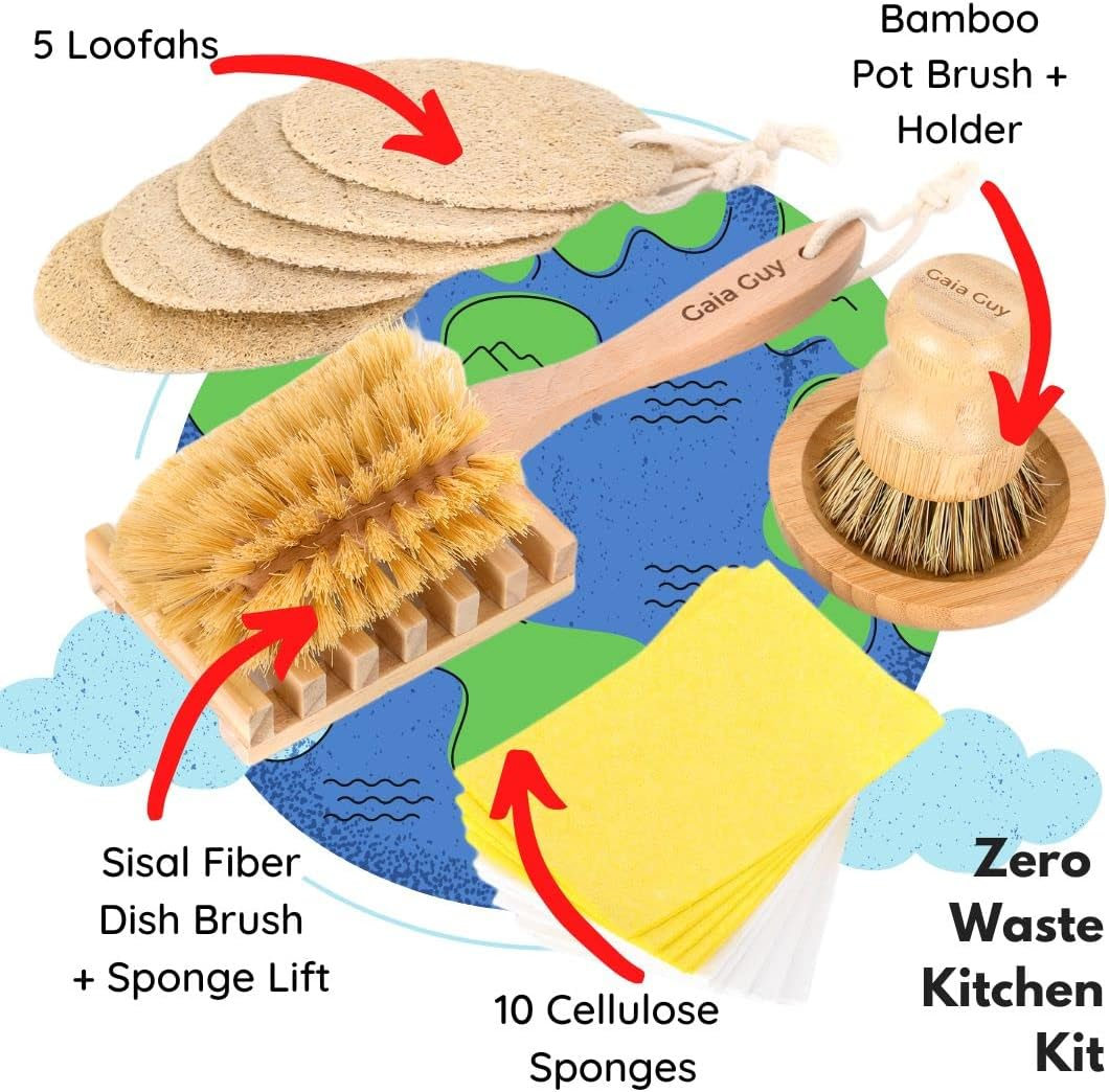 Zero Waste Starter Kit: Plastic-Free Kitchen Brush, Bamboo Pot Scrubber, Cellulose Sponges, Loofah Sponges, Soap Tray, Wooden Holder - Plastic-Free image number 5