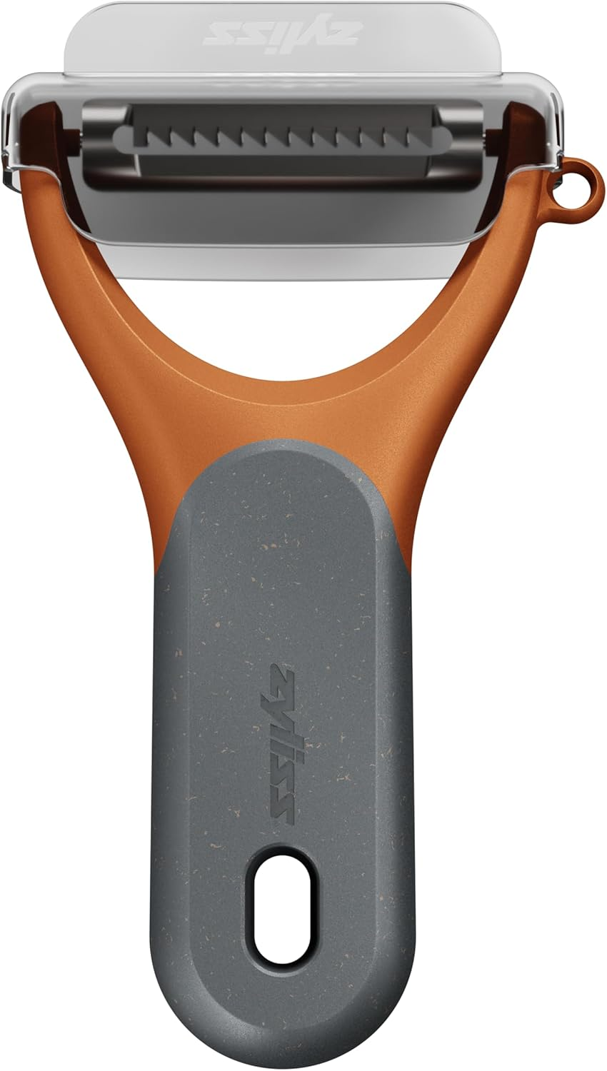 Zyliss Julienne Y Peeler - Create Perfect Julienne Cuts for Zucchini Noodles, Carrot Strings, and Other Vegetables, Durable, Comfortable, Built-In Spot Cutte, Compact and Easy to Store, Grey/Orange image number 4