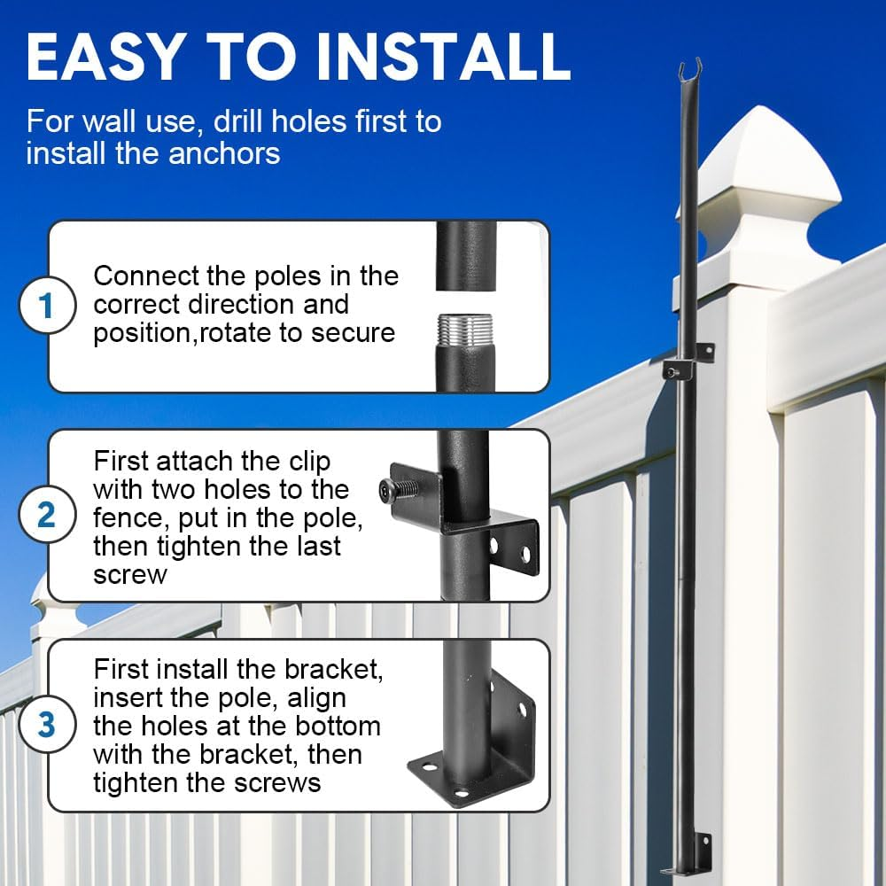ALSTON 4 Pack String Light Poles 113Cm Height Wall-Mounted Lighting Brackets Outdoor Metal Hanging Light Poles with Fixing Clips for Patio Deck Fence Garden, Poles Only image number 2