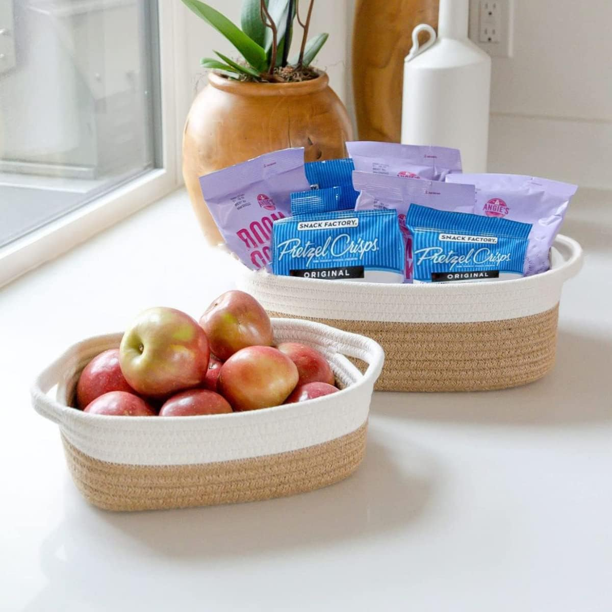 5-Piece Rectangle Storage Basket Set, Cotton Rope Woven Baskets Bins with Handles for Montessori, Baby Nursery, Dog Toy Baskets, Cat Toy Box, Bathroom Organization Bin (Rectangle, Brown)