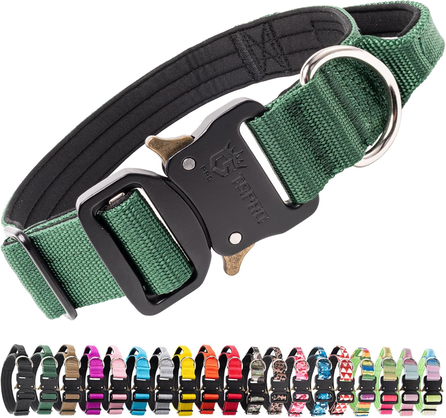 TSPRO Premium Dog Collars Tactical Dog Collar with Handle and Heavy Duty Quick-Release Metal Buckle Durable Thick and Adjustable for Medium to Large Dogs (Green M) image number 5