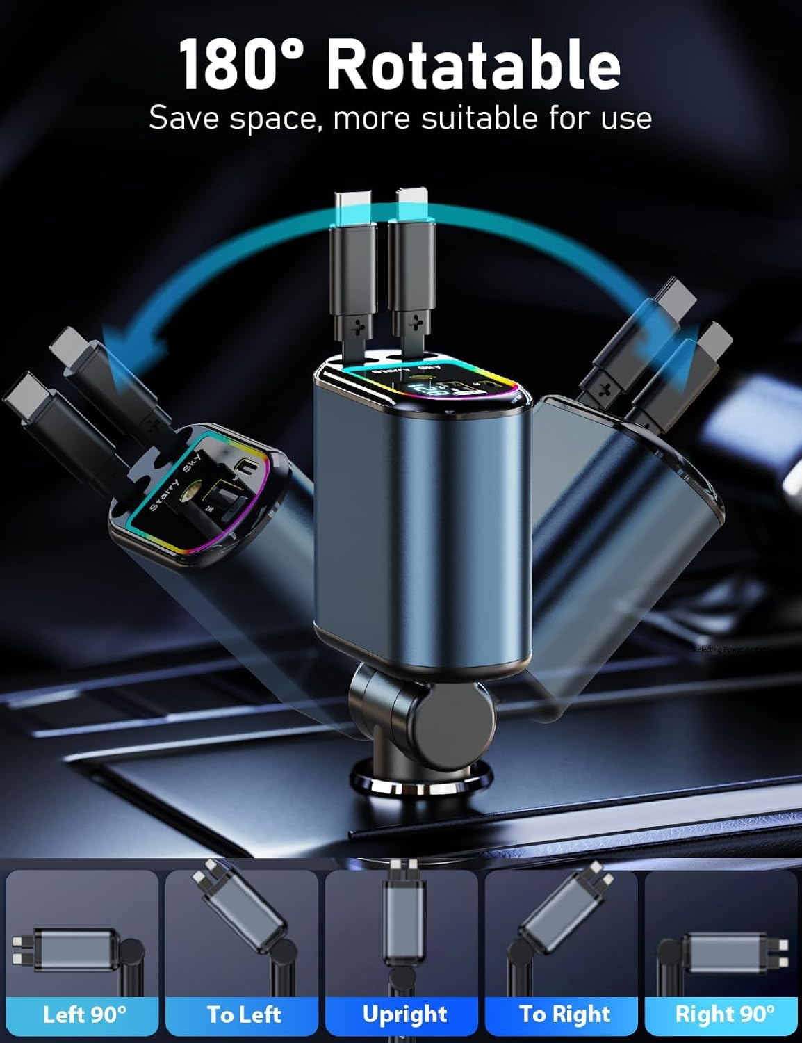 Upgraded Retractable Car Charger 120W with Starlight, 4 in 1 Retractable Car Charger with Type-C Cable, Ios Cable, USB-C & USB-A Compatible with Iphone 16/15/14/13/12/11,Galaxy,Pixel image number 4