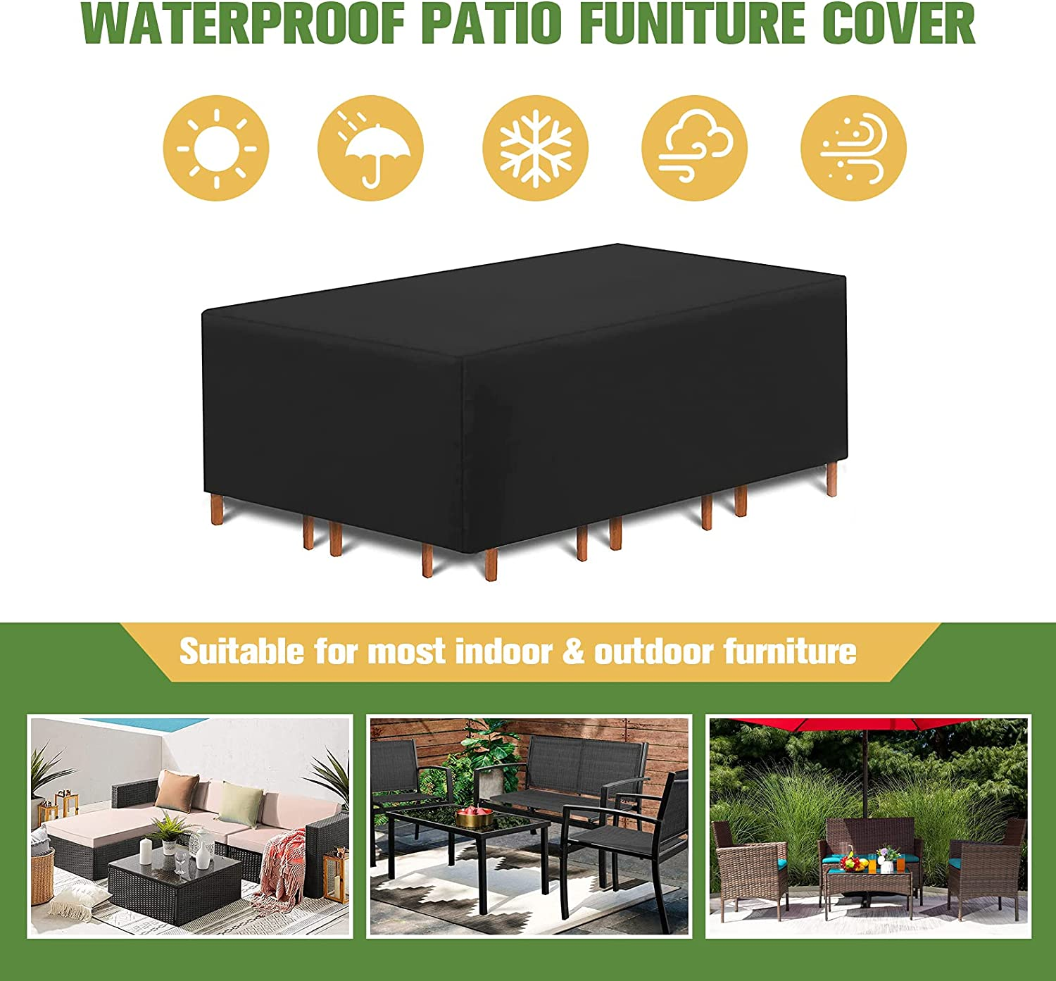 Patio Furniture Cover Waterproof Durable Heavy Duty 210D Oxford Rectangular Outdoor Sectional Sofa Set Covers for Outdoor Picnic Table, Dining Furniture, Chair Set image number 6