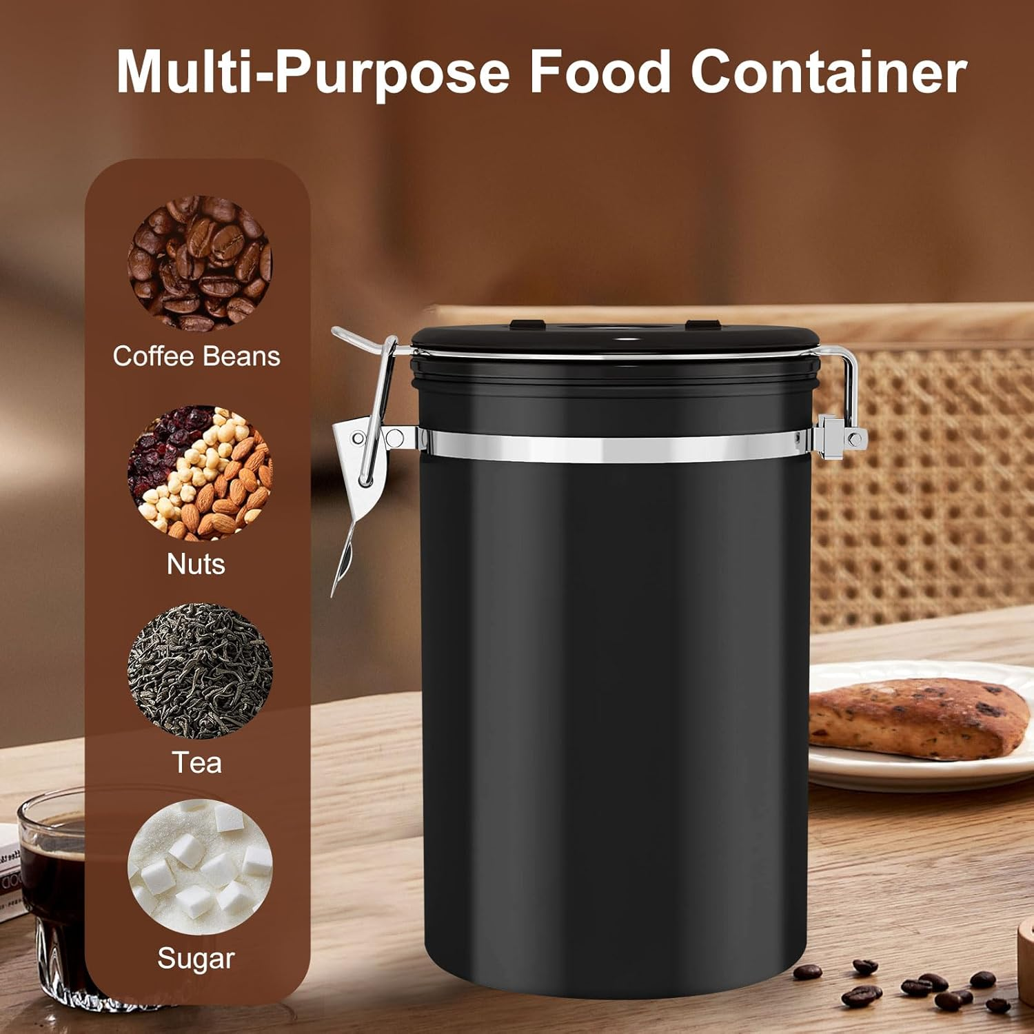 Airtight Coffee Canister with Scoop - Stainless Steel Coffee Grounds Container, Coffee Jar with Date Tracker and CO2 Valve, Coffee Bean Storage for Kitchen Counter or Coffee Bar (Black, 1.8L) image number 4
