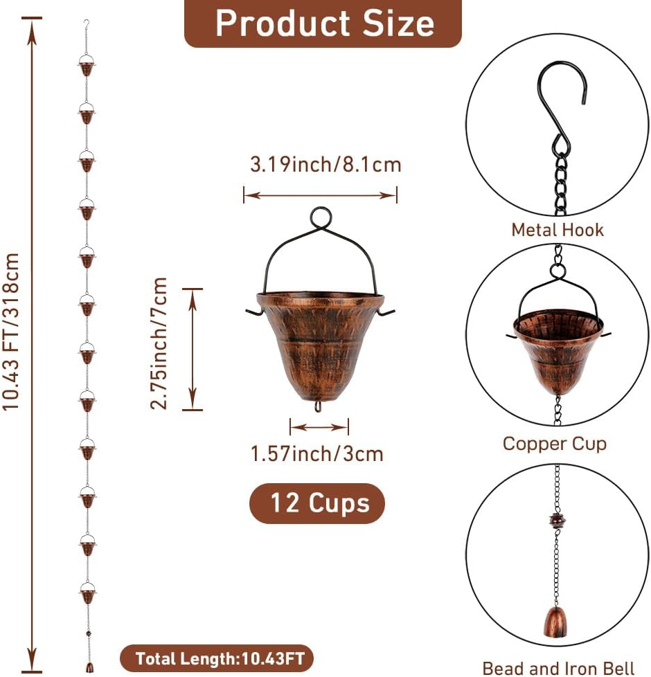 Dreamysoul Copper Rain Chains for Outside, 10.43FT with 12 Cups Rain Catcher Chains for Downspout Gutters, Eaves Drainage image number 1