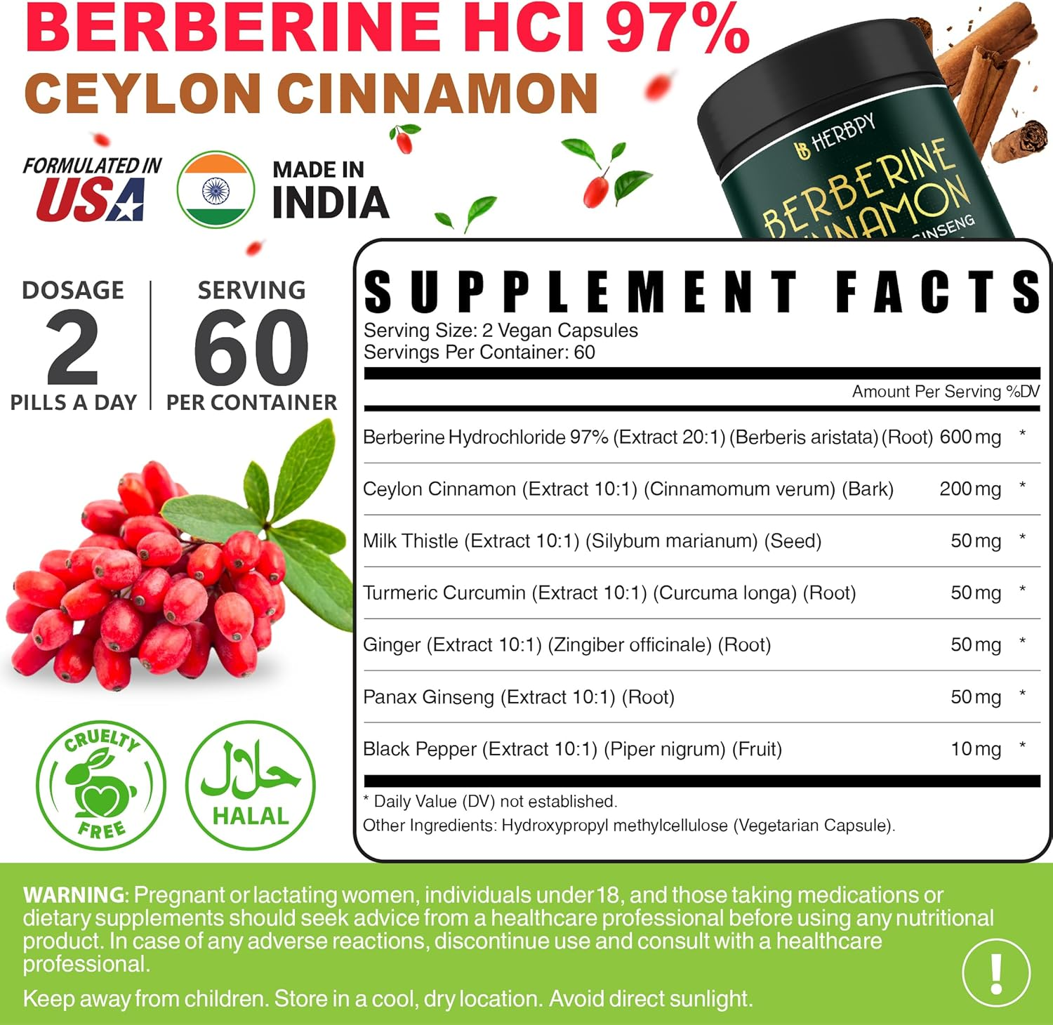 HERBPY 7In1 Premium Berberine Hcl 97% and Ceylon Cinnamon - with Ginseng, Turmeric, Ginger, Milk Thistle & Black Pepper - 120 Vegan Capsules image number 2
