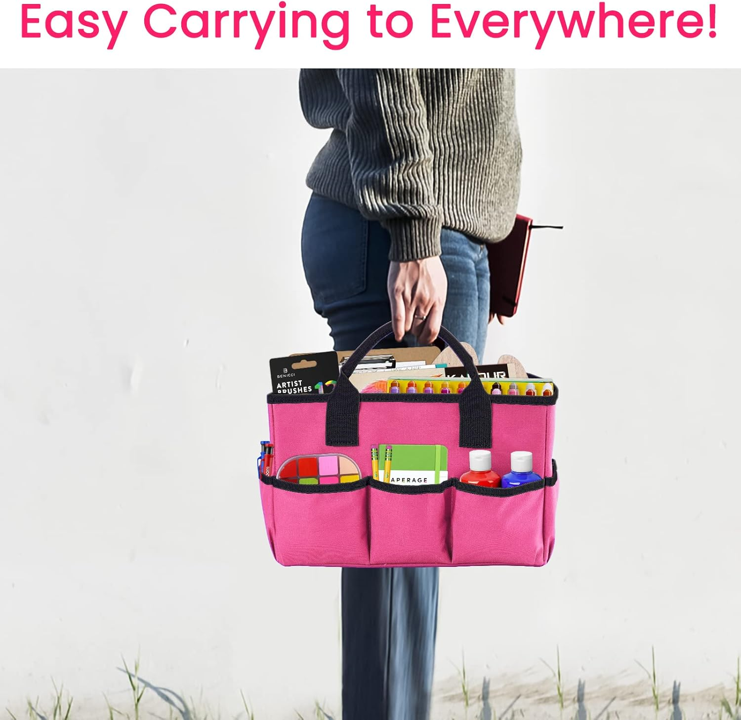 Godery Desktop Tote and Stock Organize, Teacher Helper Tote Bag Organization for Arts, Books, Stationery, Etc, and Office Desk Organize, Make-Up Storage Tote with Handles for Travel (PINK) image number 5