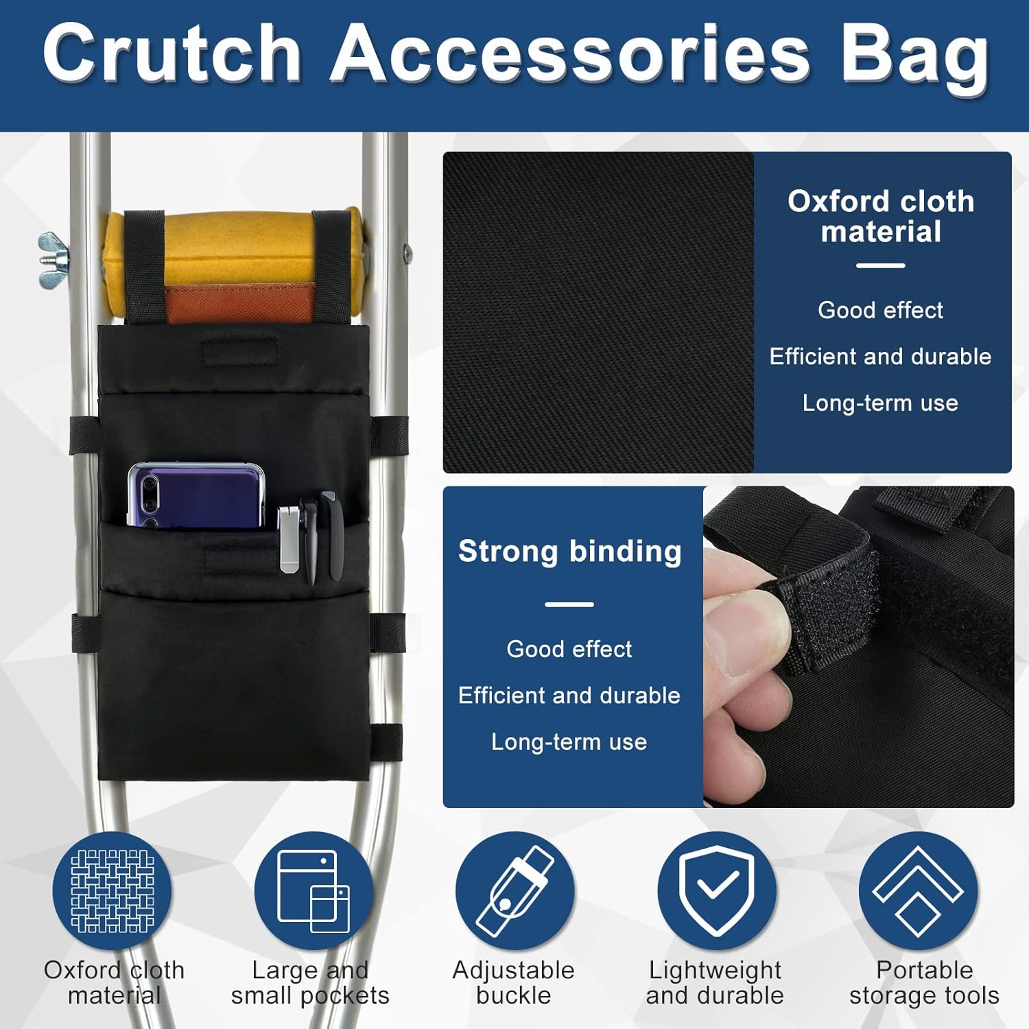 Txkrhwa Crutch Pouch Lightweight Crutch Storage Pocket with 2 Pockets Universal Hanging Crutch Bag with Adjustable Buckle Waterproof Crutch Storage Organizer for Crutches image number 1