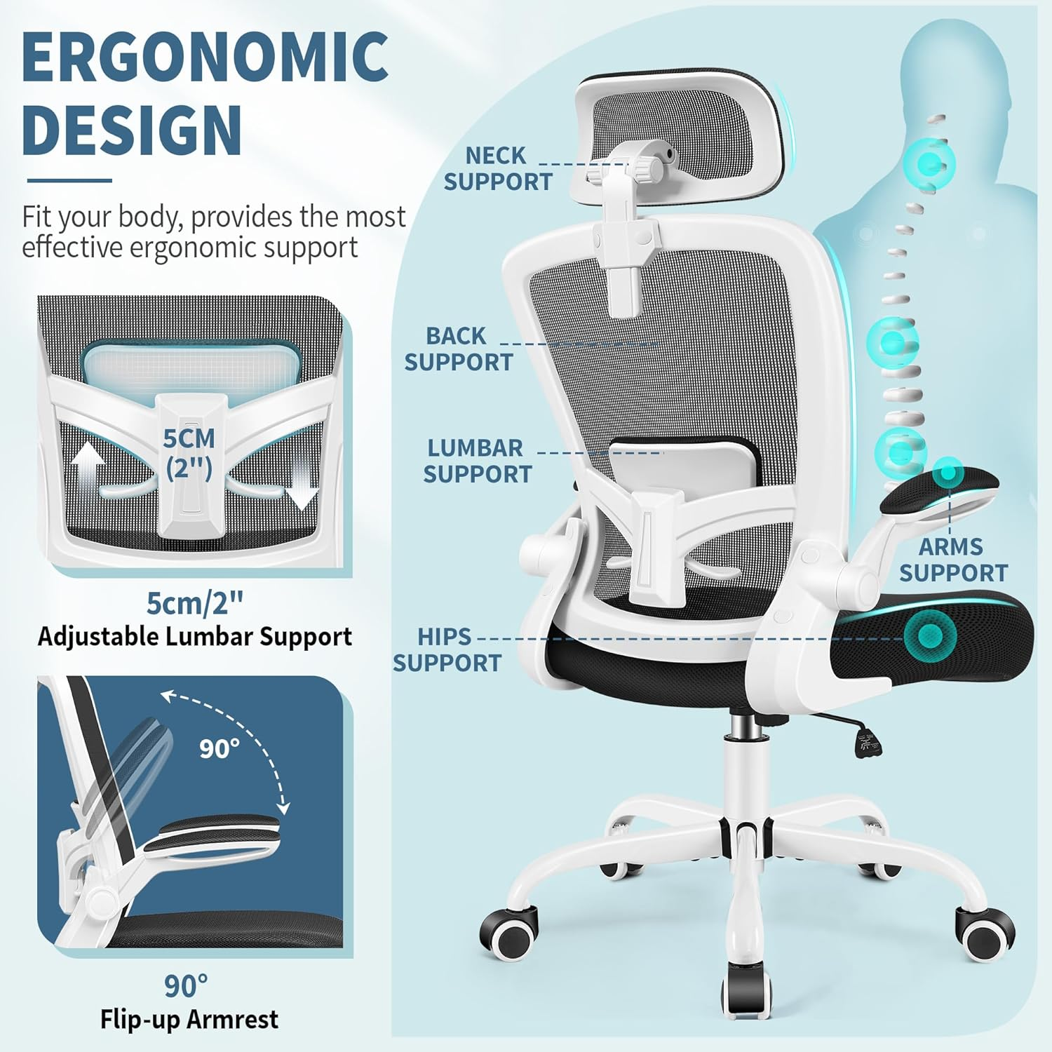 Felixking Ergonomic Office Chair, Headrest Desk Chair Office Chair with Adjustable Lumbar Support, Home Office Swivel Task Chair with High Back and Armrest (White) - Gray image number 6