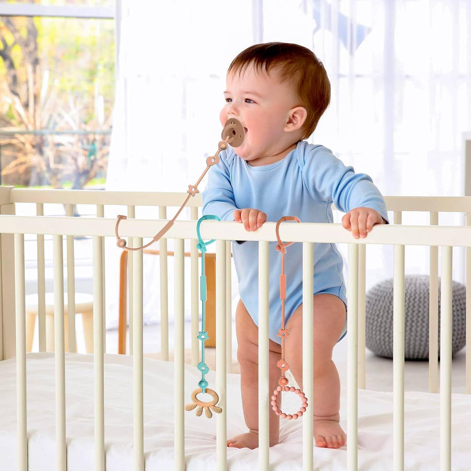 4 Pack Dummy Clip Baby Toy Straps, Silicone High Chair & Stroller Straps, Pacifier Clip Holder with One Piece Design, Soft Flexible Binky Clips with Texture for Baby Boys and Girls image number 1