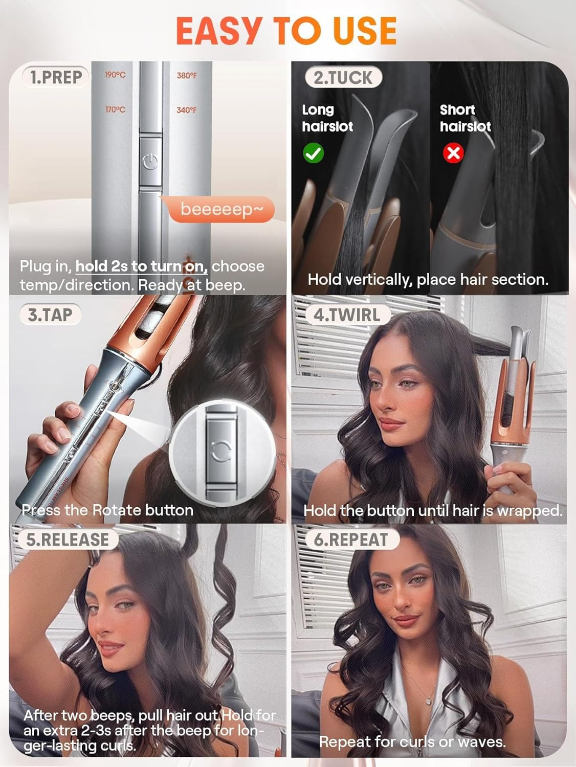 Automatic Hair Curler, 32Mm Barrel, Rose Gold and Silver, 10-Minute Styling