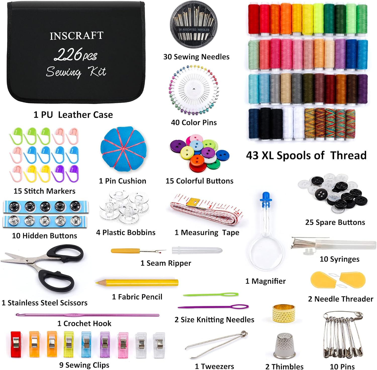 Large Sewing KIT, 226 PCS Premium Sewing Supplies with 43 XL Thread Spools, Leather Case, Scissors, Thread, Needles and Accessories, Sewing Repair Set for Adults, Emergency, and Home by Inscraft image number 1