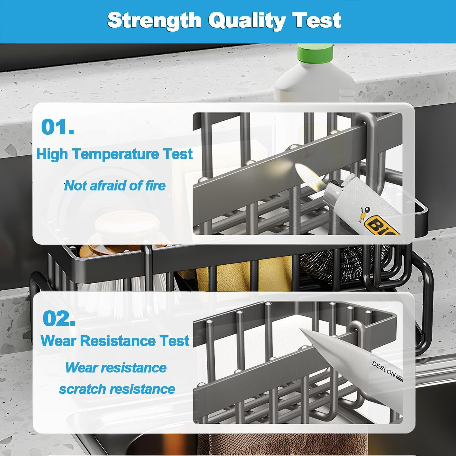 2 Tier Dish Drying Rack for Kitchen Counter, Dish Racks with Drainboard Set, Rustproof Dish Drainer with Cutlery Utensil Rack & Holders,For Kitchen Storage and Organisation (Gray) - Grey image number 3