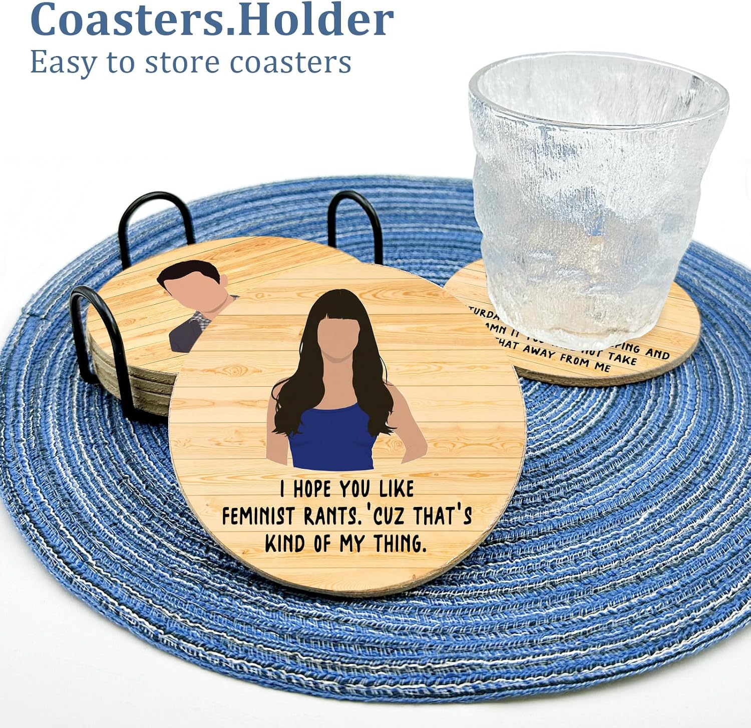 New Girl Cork Coasters Set of 6, Funny Novelty Coasters for Drinks Absorbent with Holder Cup Desk Office Table Kitchen Decor Accessories House Warming Gifts for New Home Couples,Round 4 Inch image number 4