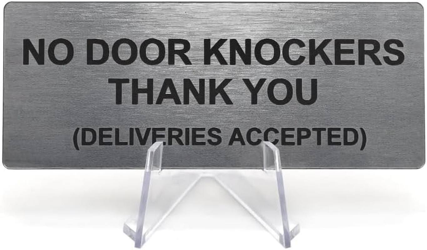 No Door Knockers Silver Acrylic Door Sign Engraved Plaque Letterbox Sign Self Adhesive Tape Waterproof