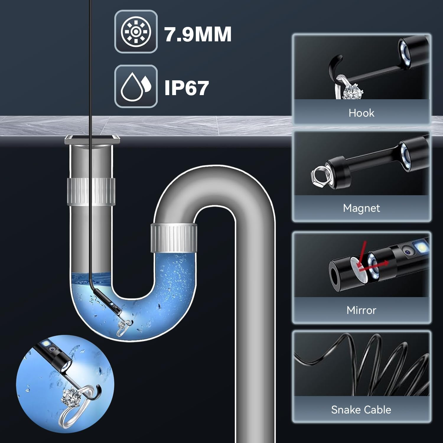 Endoscope Camera, Inspection Camera with Dual-Lens, 1920P HD Borescope IP67 Waterproof Draincamera for Ios and Android Phone, 8+1 Adjustable Leds, Semi-Rigid Sewercamera for Automotive 5M/16.4Ft image number 5
