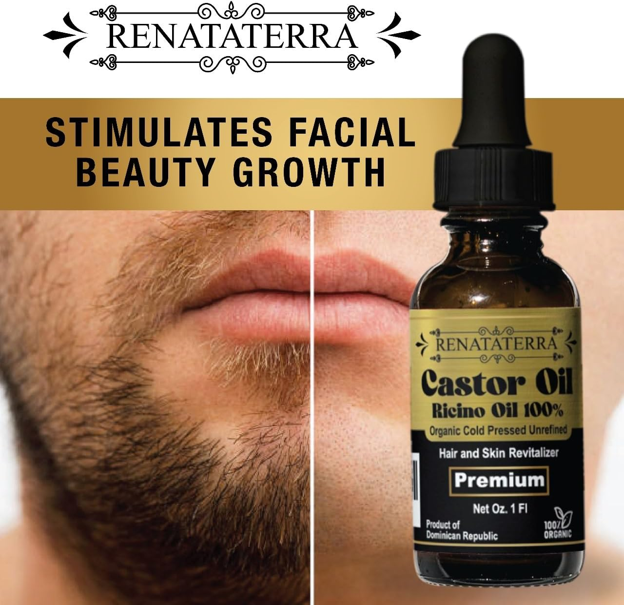 Renataterra Aceite De Ricino Dominicano Prensado En Frio 1 Oz - Para El Crecimiento Del Cabello, El Rostro, El Cuero Cabelludo, Cejas Y Pesta&ntilde;as M&aacute;s Gruesas., Ambar image number 3