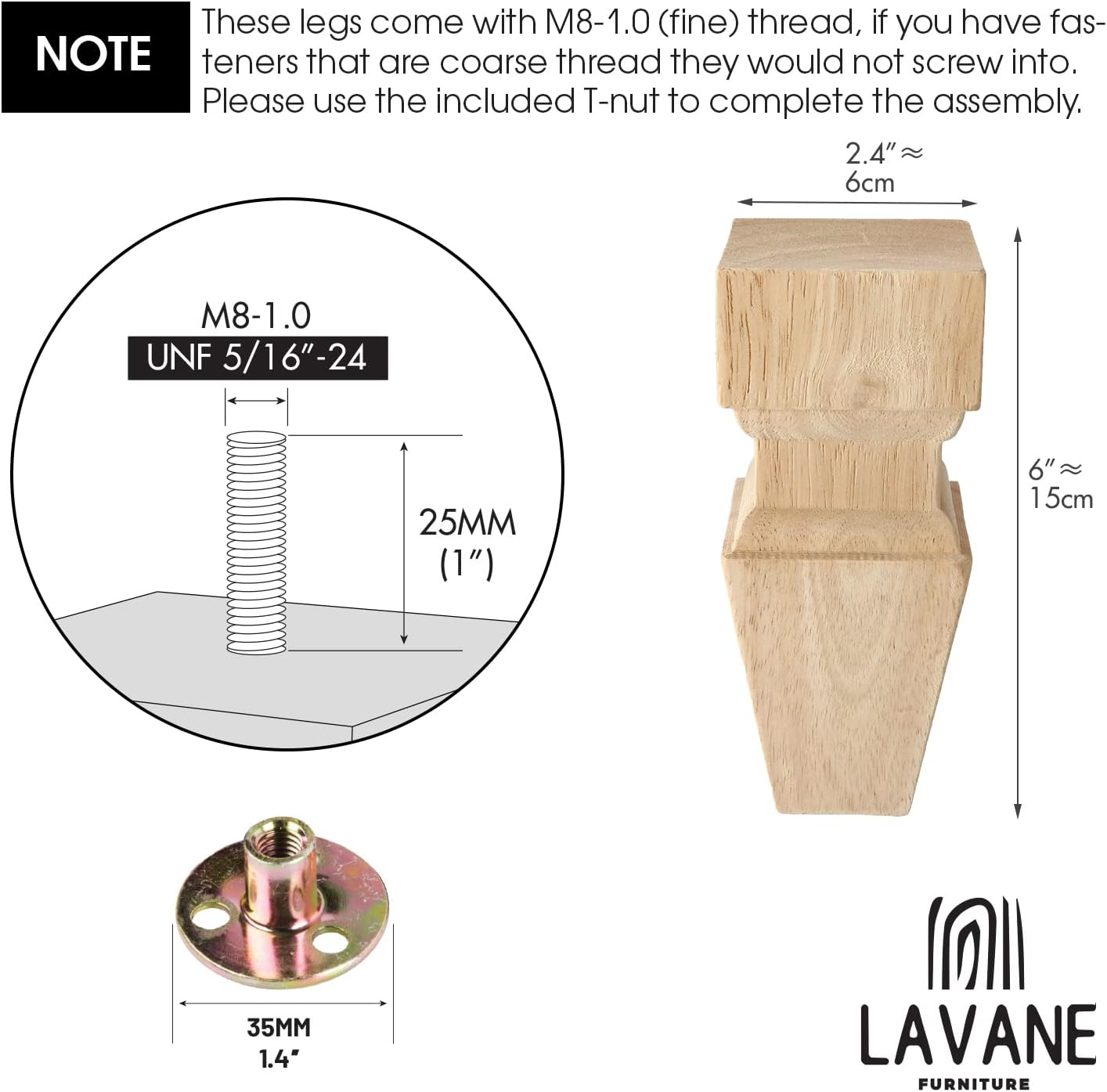 6 Inch / 15Cm Wooden Furniture Legs, La Vane Set of 4 Solid Wood Carved Geometry Unfinished Replacement Bun Feet with Mounting Plate & Screws for Sofa Cabinet Couch Table TV Stand image number 4