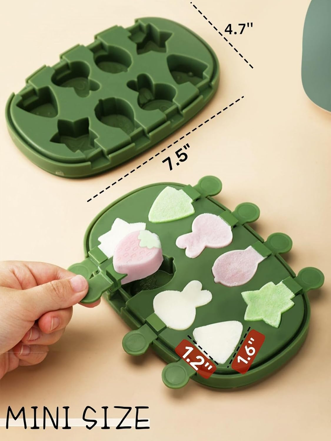 Silicone Popsicle Molds, Cute Cartoon Animal Flower Friut Bunny Molds, Mini Size Reusable Cake Pop Mold Set with Lid and Stick, Easy Release BPA Free (Green-Crocodile(8 Pieces)) image number 1