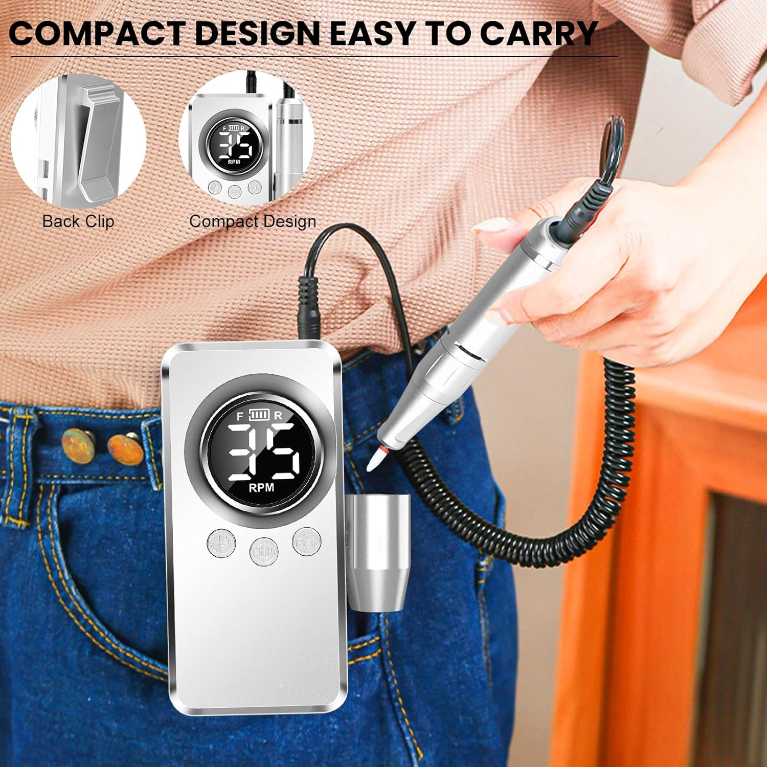 Welan Electric Nail Drill, Cordless Nail Drill Professional Machine, 35000 RPM Electric Nail Efile for Acrylic & Gel Removal, Rechargeable Portable Manicure Pedicure Tool with 12 Bits and Decorations image number 1