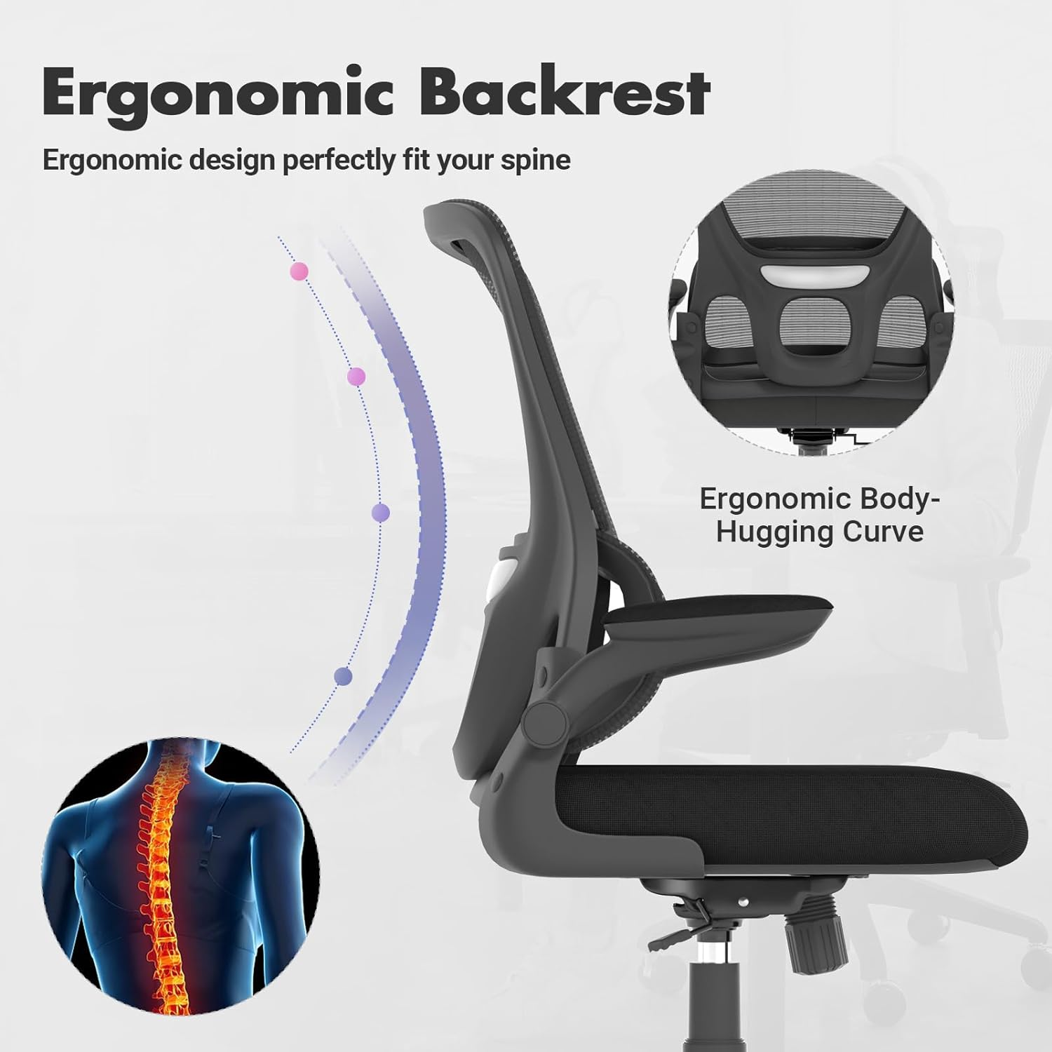 Advwin Ergonomic Office Chair - Mesh Office Chair with Flip-Up Armrests, High Back Desk Chair Swivel Computer Chair, Height Adjustable & Rocking Study Chair Task Chair for Home Office Black