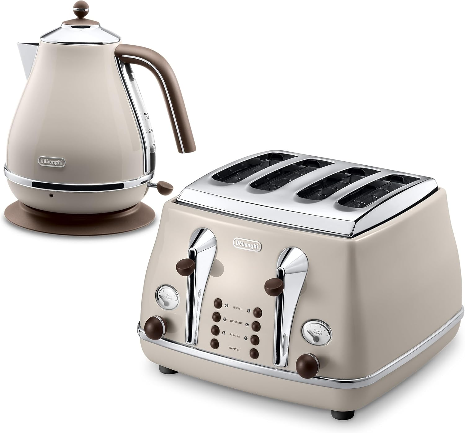 De'Longhi Icona Vintage Kettle and Toaster Pack KBO-CTO.VBG, 4 Slice Toaster with Reheat and Defrost Functions, 6 Browning Levels plus 1.7L Capacity Electric Kettle with Anti-Scale Filter, Beige image number 3