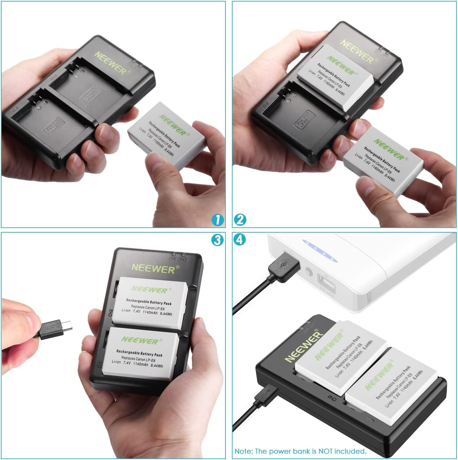 Neewer BG-E8 Replacement Battery Grip for Canon EOS 550D 600D 650D 700D Rebel T2I T3I T4I T5I DSLR Cameras, Comes with 2-Pack 1140 Mah LP-E8 Replacement Li-Ion Battery and Dual USB Battery Charger image number 2