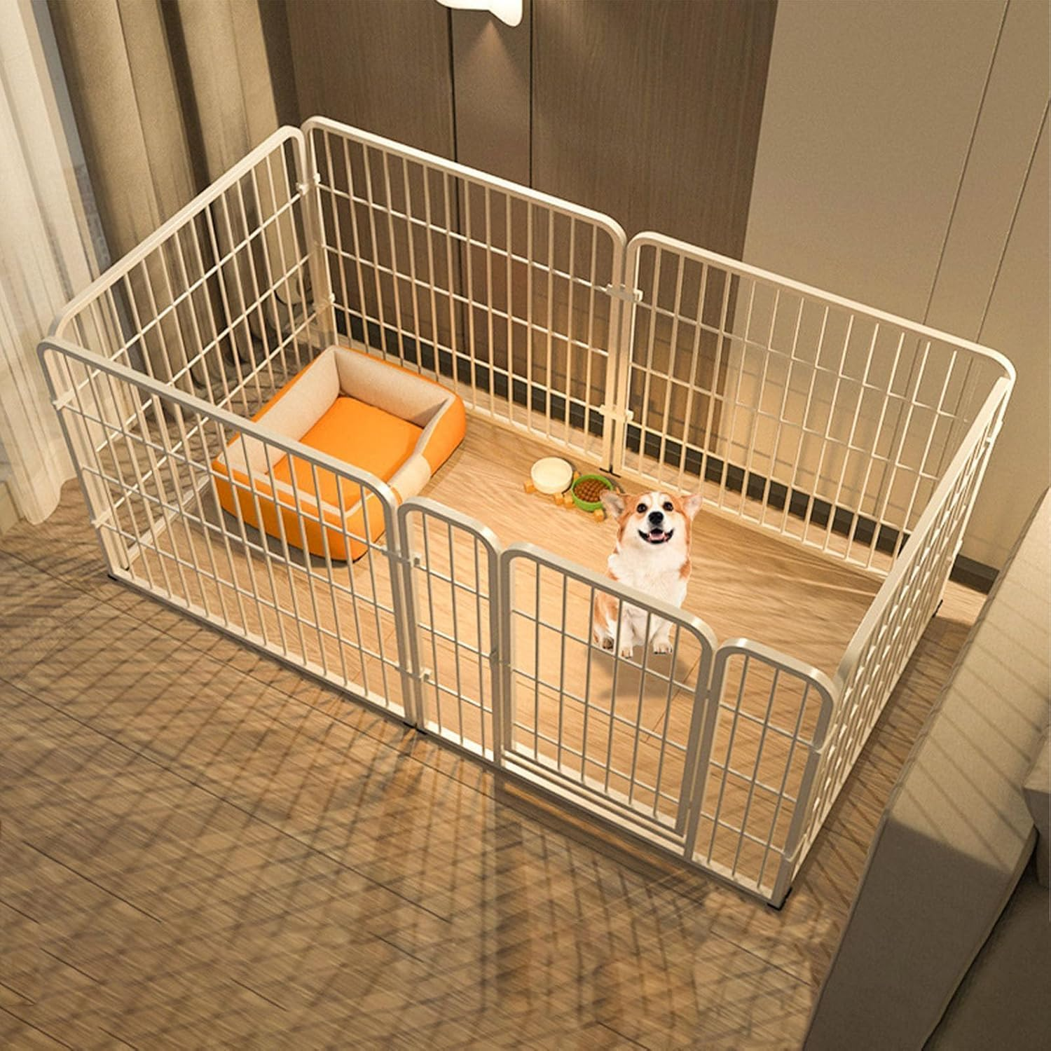 Andwoork Dog Playpen, Outdoor 6 Panels Heavy Duty Dog Pen, Puppy Playpen Indoor Anti-Rust Exercise Fence with Doors, Easy Assemble Foldable Dog Crate for Puppy Cat Bunny Medium Dogs(White)