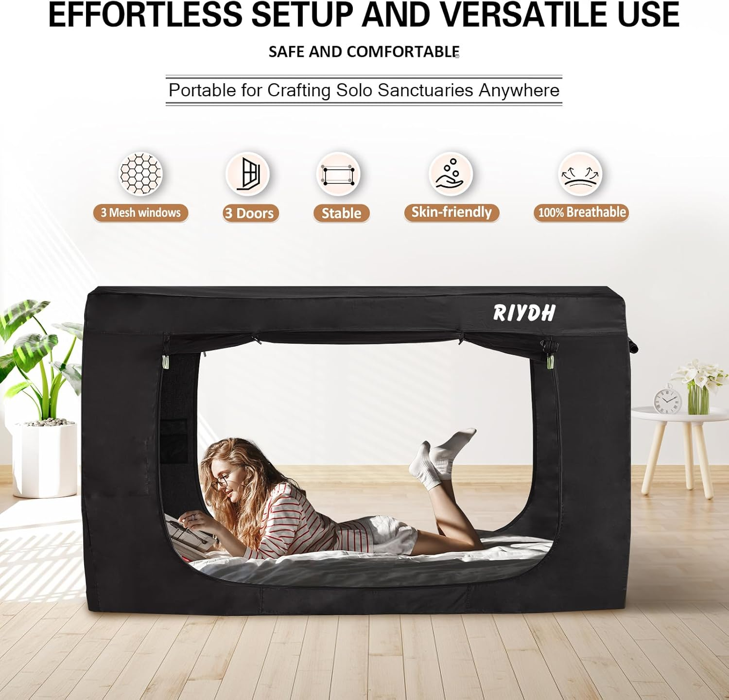 RIYDH Bed Tent Twin Bed Canopy Tents for Adult - Portable Dream Tent Indoor Sleeping Tents 70% Blackout with 3 Doors Breathable Private Space Tents image number 1