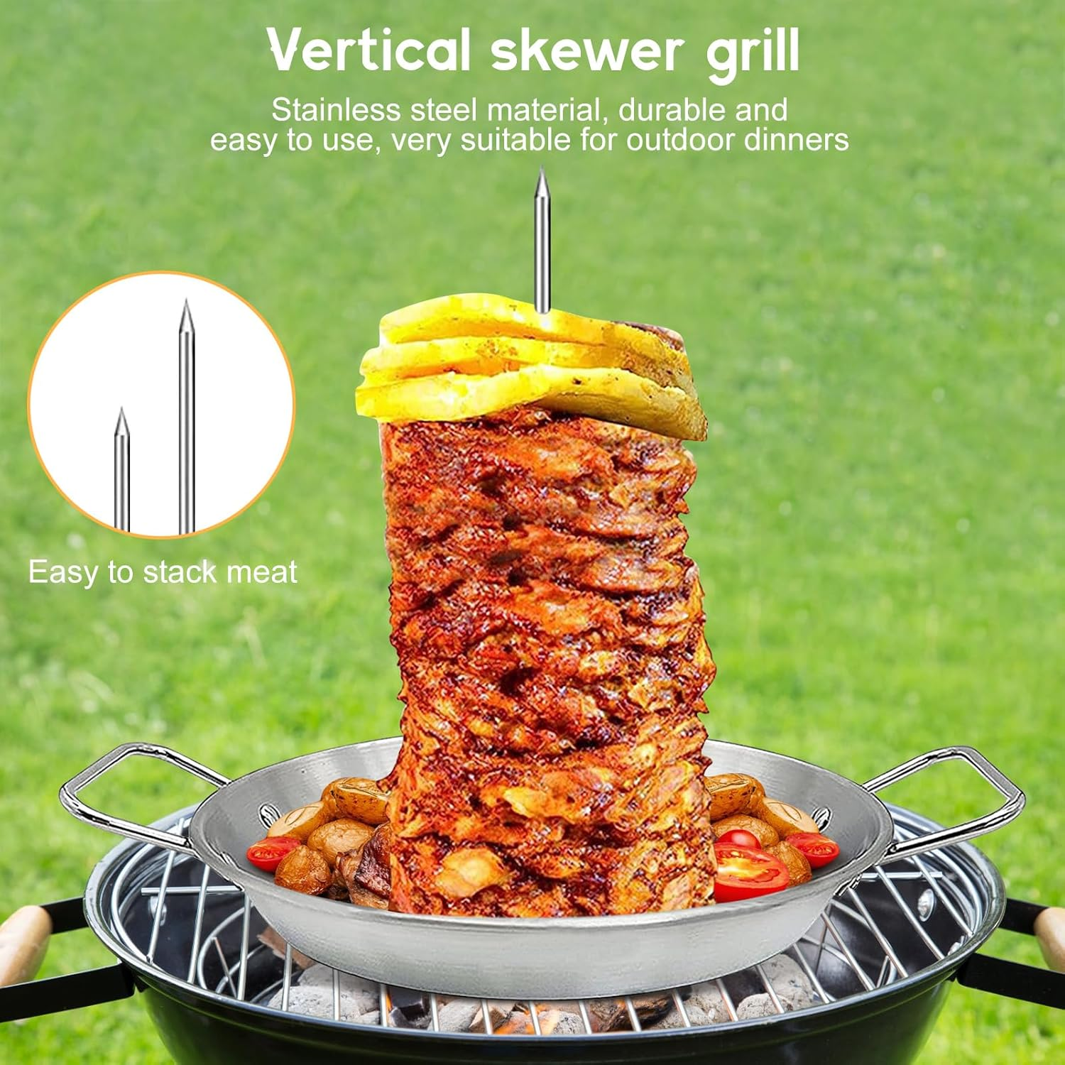 Al Pastor Skewer for Grill, Brazilian Vertical Spit Stand, Stainless Steel Vertical Skewer with 3 Removable Spikes(8"/10"/12") & Brushes, for Shawarma, Tacos Al Pastor, BBQ Dishes, Smoker Oven, Kebabs image number 2