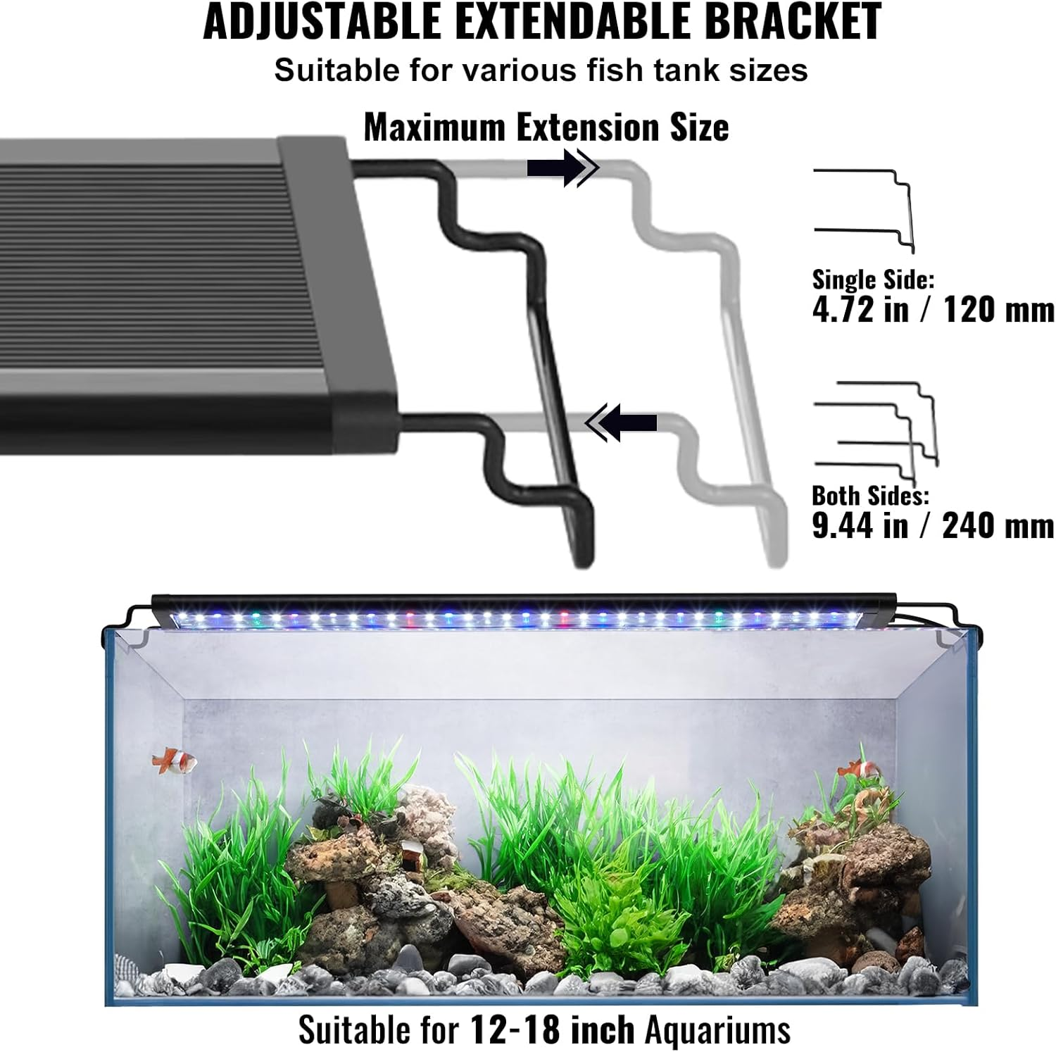VEVOR Aquarium Light, 14W Full Spectrum Fish Tank Light with 24/7 Natural Mode, Adjustable Timer & 5-Level Brightness, with Aluminum Alloy Shell Extendable Brackets for 12"-18" Freshwater Planted Tank image number 5