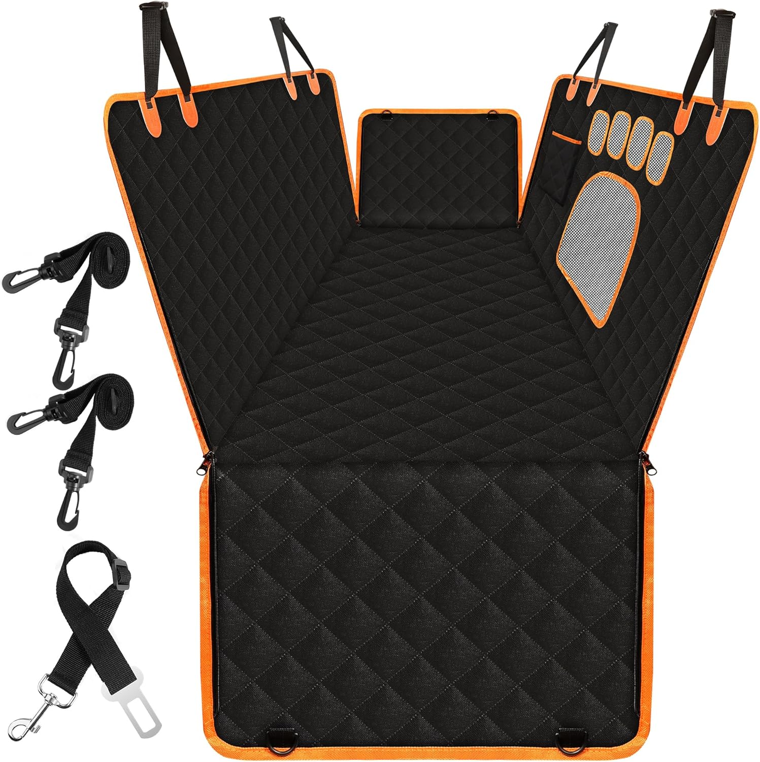 Zoramey Dog Car Seat Cover for Pets, 100% Waterproof 600D Heavy Durable Dog Car Seat Hammock Scratch Proof Nonslip with Seatbelt and Side Flaps for SUV, Truck, Sedan (Black)