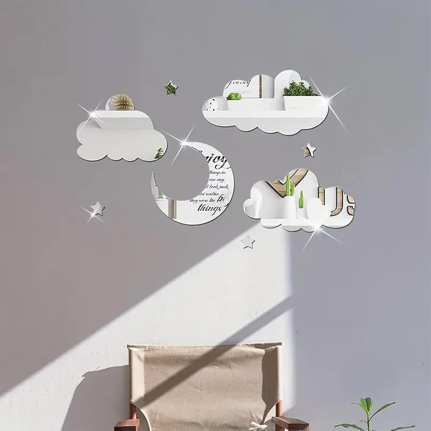3D Moon and Clouds Mirror Wall Decor Acrylic Mirror Wall Decals Self Adhesive Decorative Moon Star Cloud Wall Decals for Baby Kids Children'S Living Room Bedroom Nursery Wall Decor image number 2