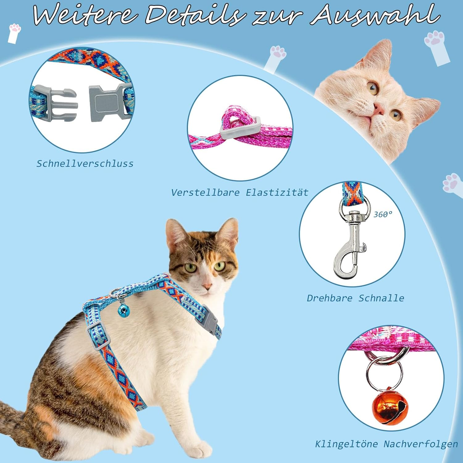 2 X Adjustable Harnesses Cat Lead Set, Nylon Harnesses Cat Lead, Harness with Lead for Kittens, Kittens, Pets, Cat Harness, Cat Harness with Lead, Escape Proof (Light Blue and Pink) image number 2