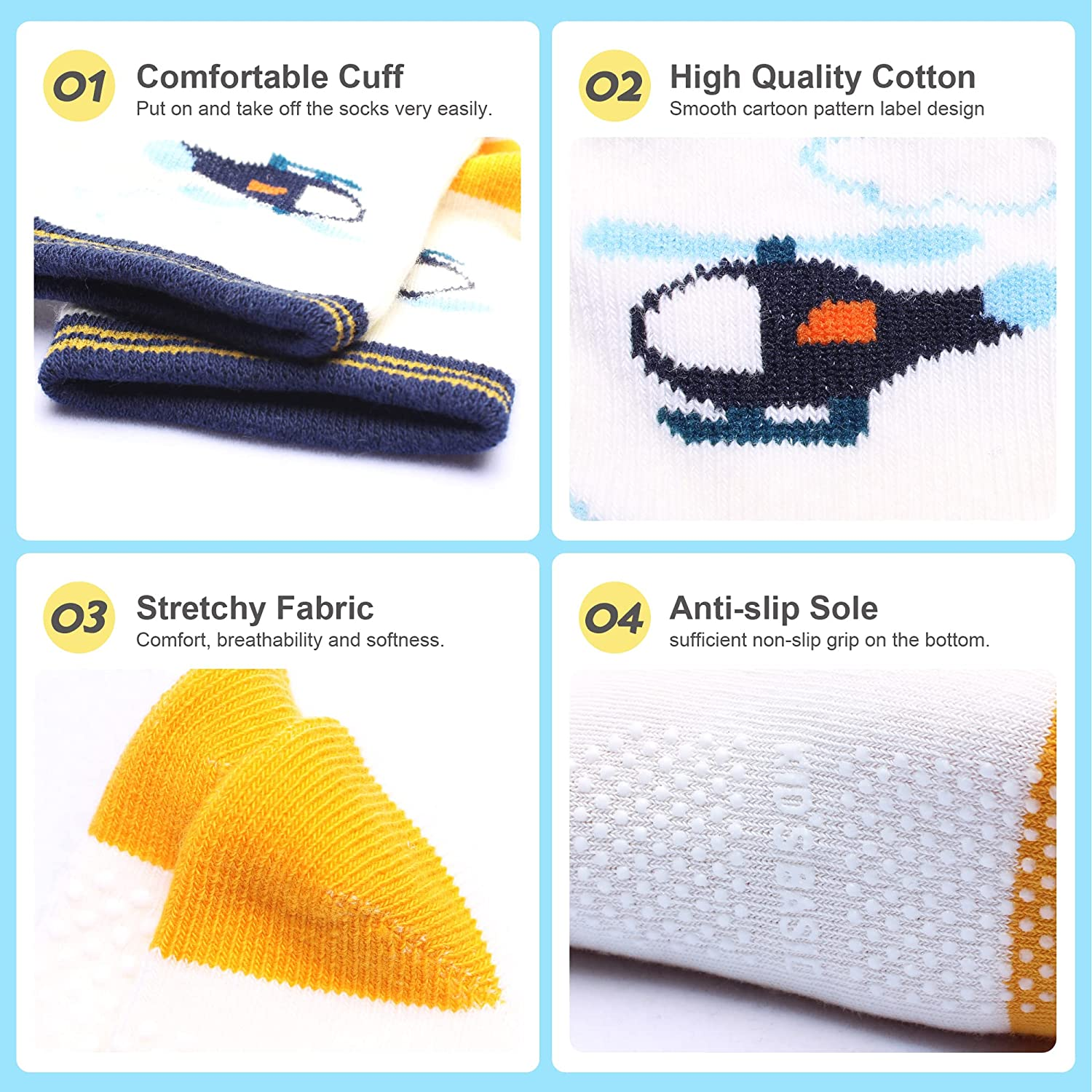 Hyzgb 12 Pack Non Slip Kids Toddler Baby Socks with Grips for 1-7 Years Boys Girls Cotton Crew Socks Multi Colors