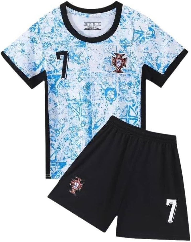 YEESON Youth Kid Soccer Jersey #7, Kids Soccer Jersey Away Portugal Blue Top + Shorts + Socks Kit image number 6