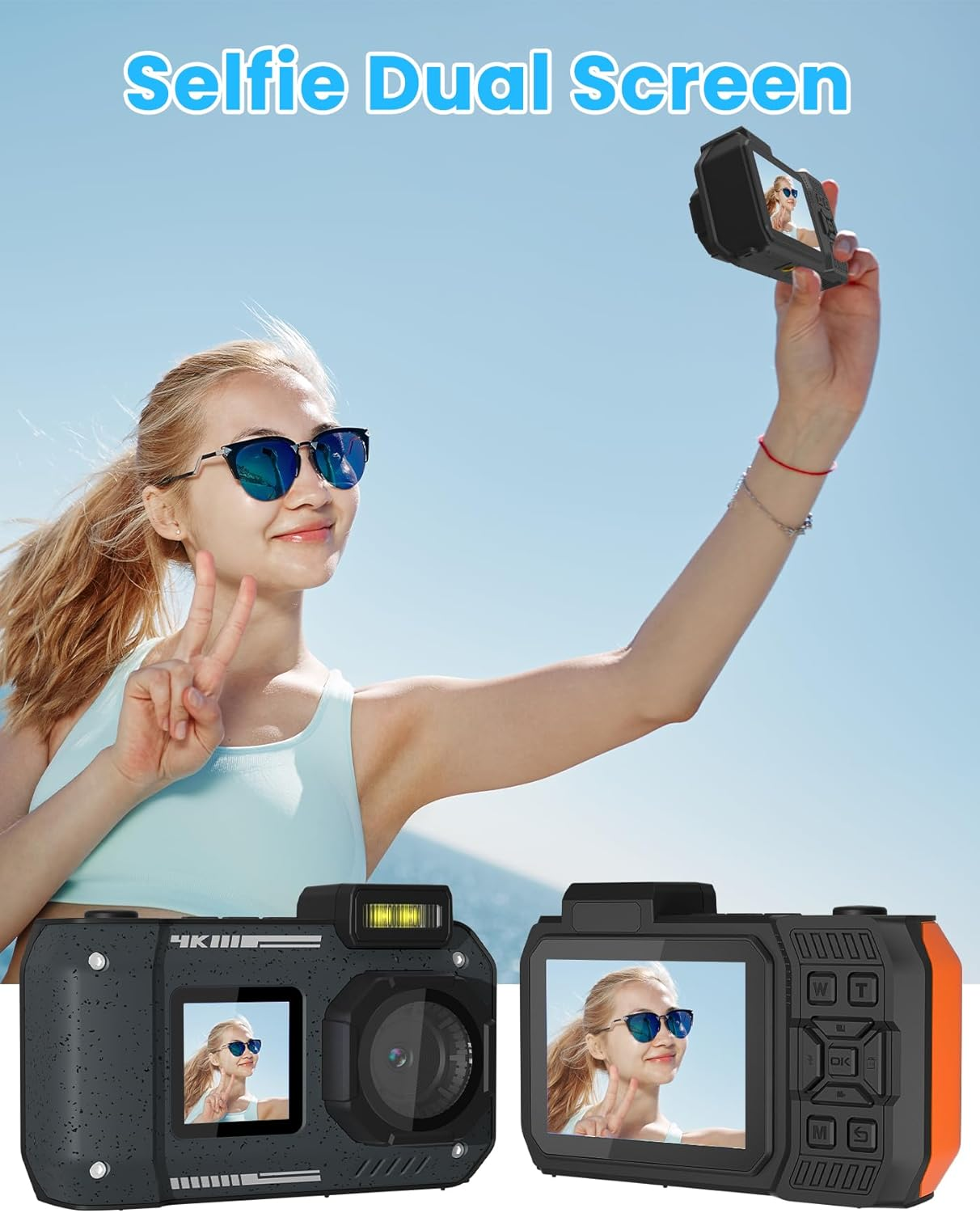 4K 33FT Digital Camera 48MP Underwater Camera Waterproof Camera Rugged Dustproof Shockproof,With 64GB Card Autofocus Selfie Dual-Screen Camera Snorkeling Zoom Point and Shoot Camera Type-C-Orange image number 5