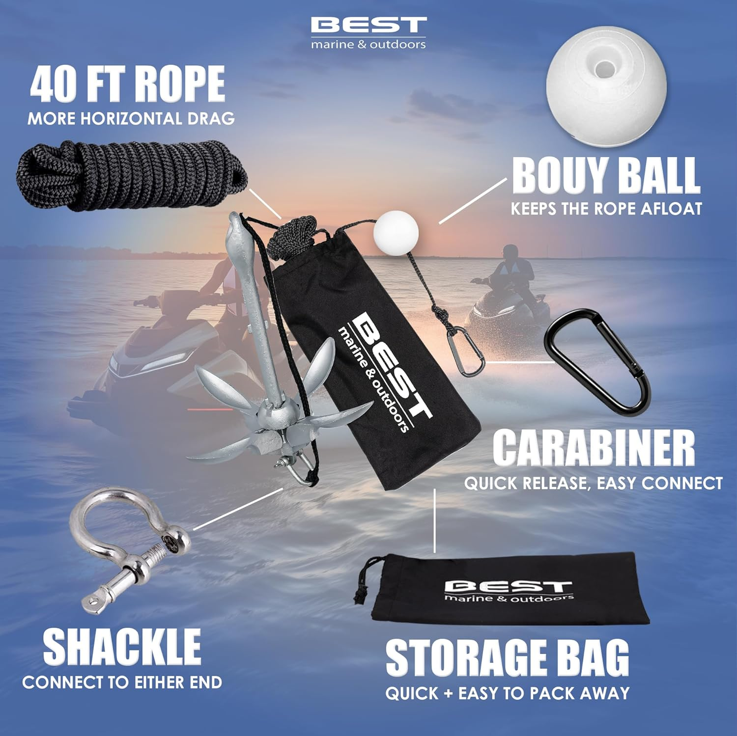 Best Marine and Outdoors Kayak Anchor, 1.6 KG Anchor System Kit for Kayaks, Canoes, SUP Paddle Boards & Jet Skis, Fishing, Boating & Kayaking Accessories - Blue image number 4