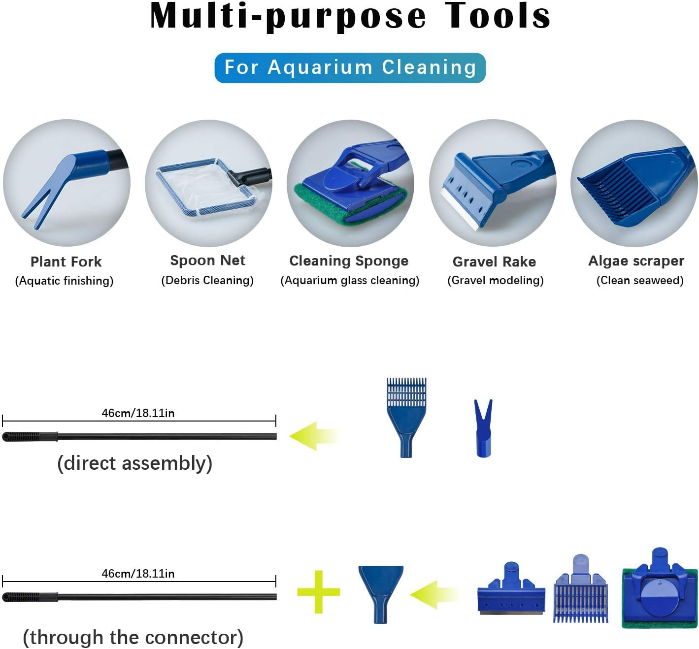 Lysport 5 in 1 Complete Aquarium Fish Tank Cleaning Set Fish Net + Rake + Scraper + Fork + Sponge Brush Glass Aquarium Cleaner Tool Kit image number 2