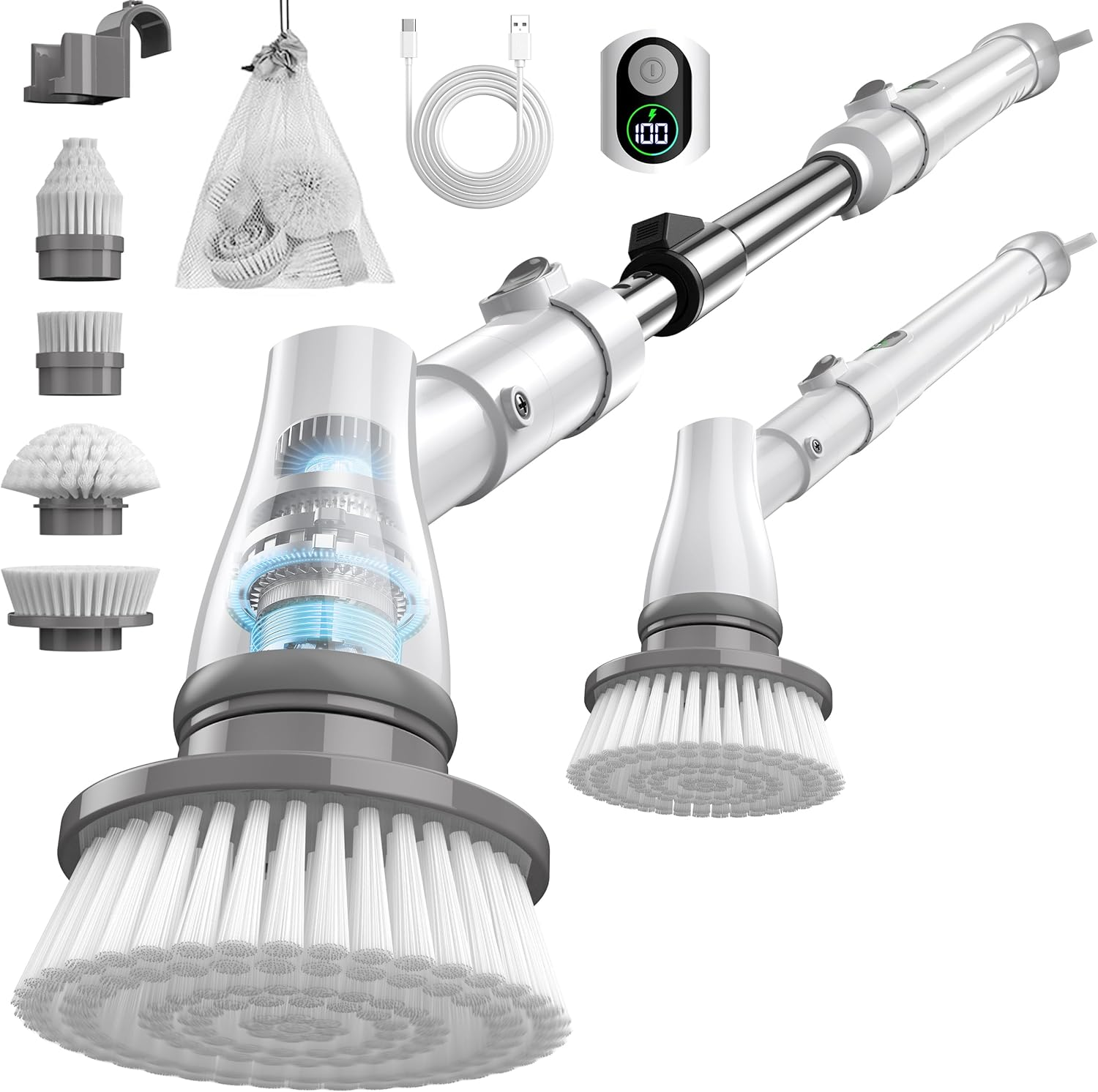 Electric Spin Scrubber with Battery Power Display, Fast-Charging Cordless Shower Scrubber with Long Handle, 4 Replaceable Brush Head, 1.5H & 2 Speeds Electric Scrubber (White) image number 5